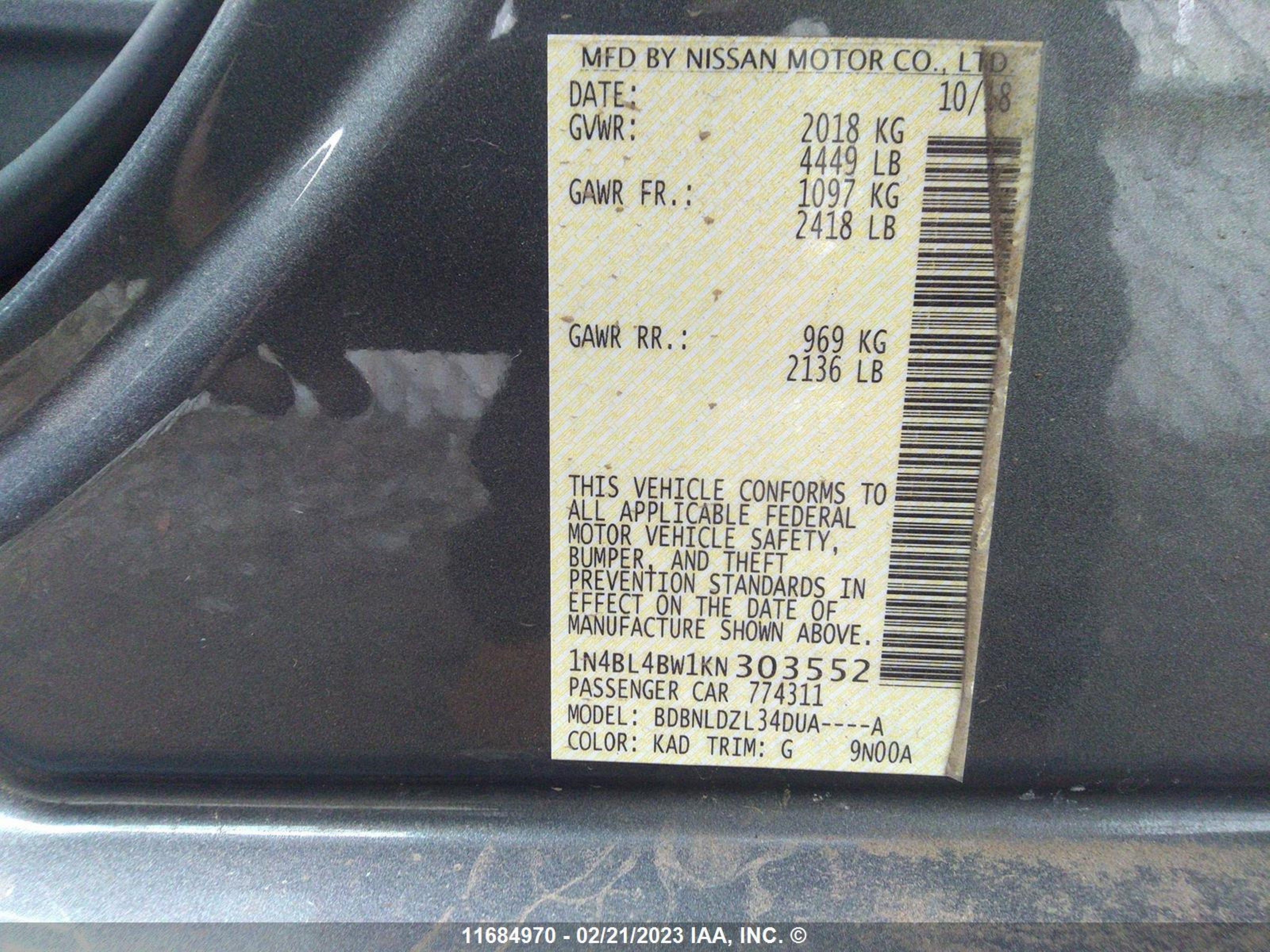 Photo 8 VIN: 1N4BL4BW1KN303552 - NISSAN ALTIMA 