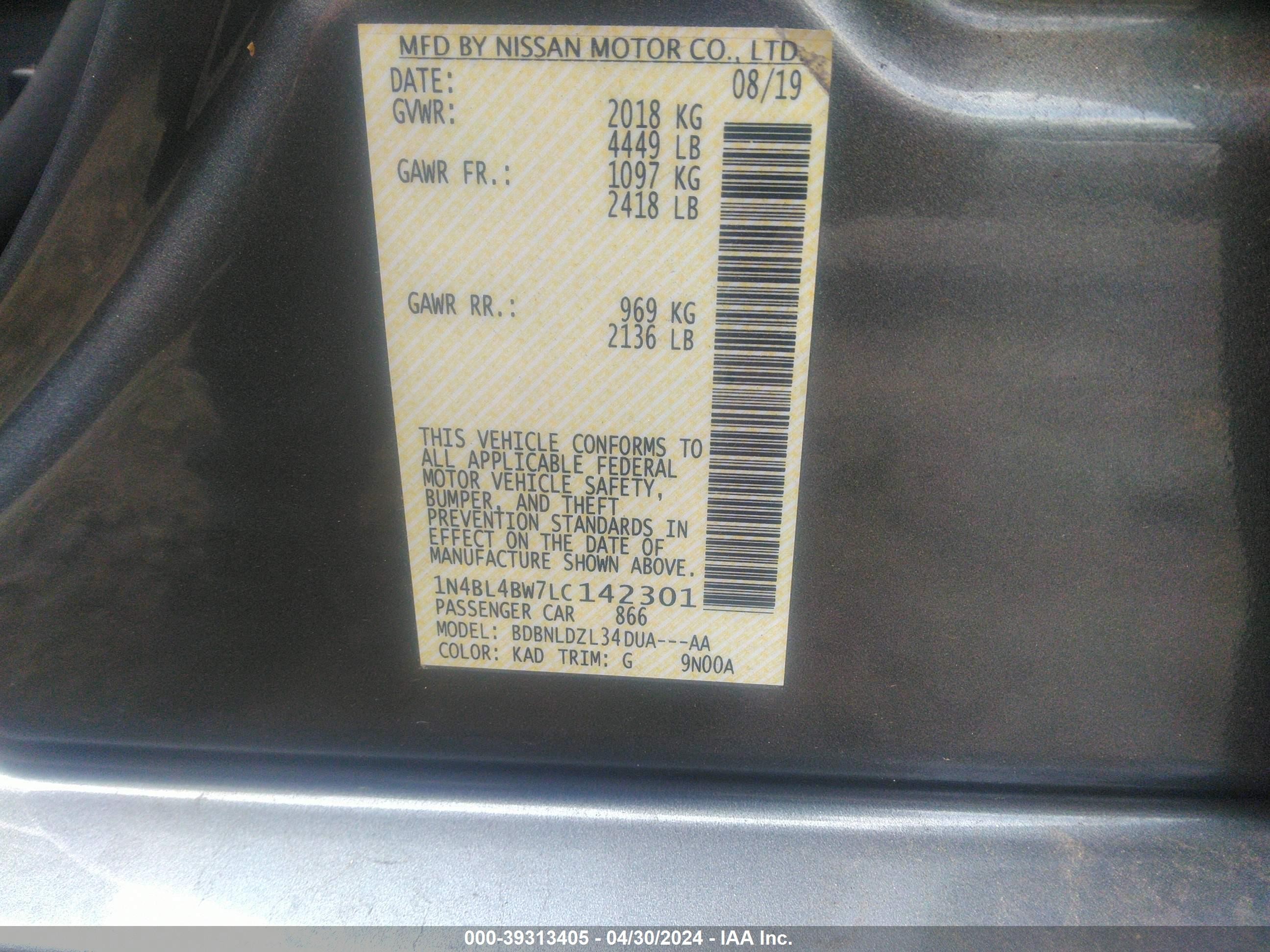 Photo 8 VIN: 1N4BL4BW7LC142301 - NISSAN ALTIMA 