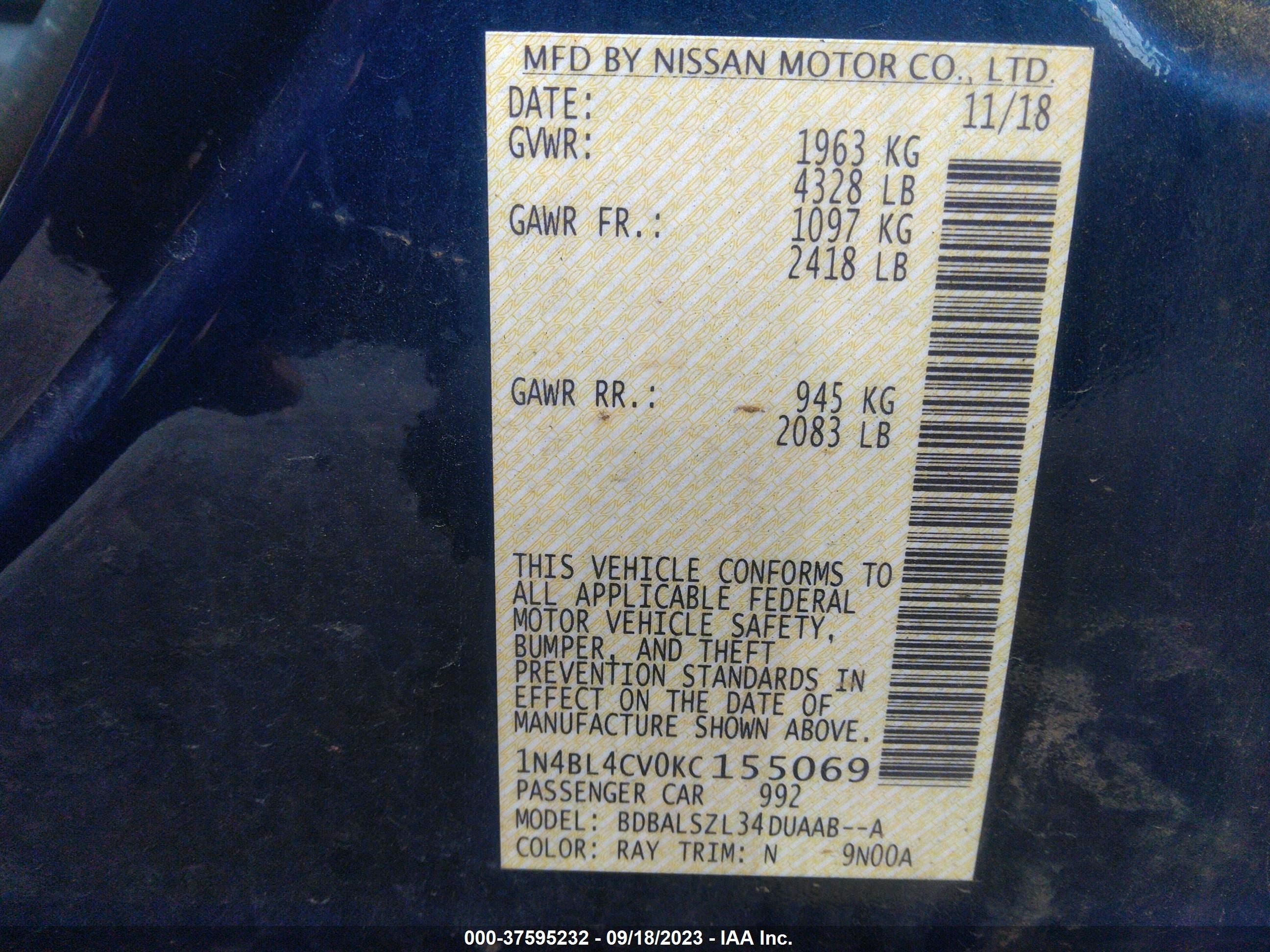 Photo 8 VIN: 1N4BL4CV0KC155069 - NISSAN ALTIMA 