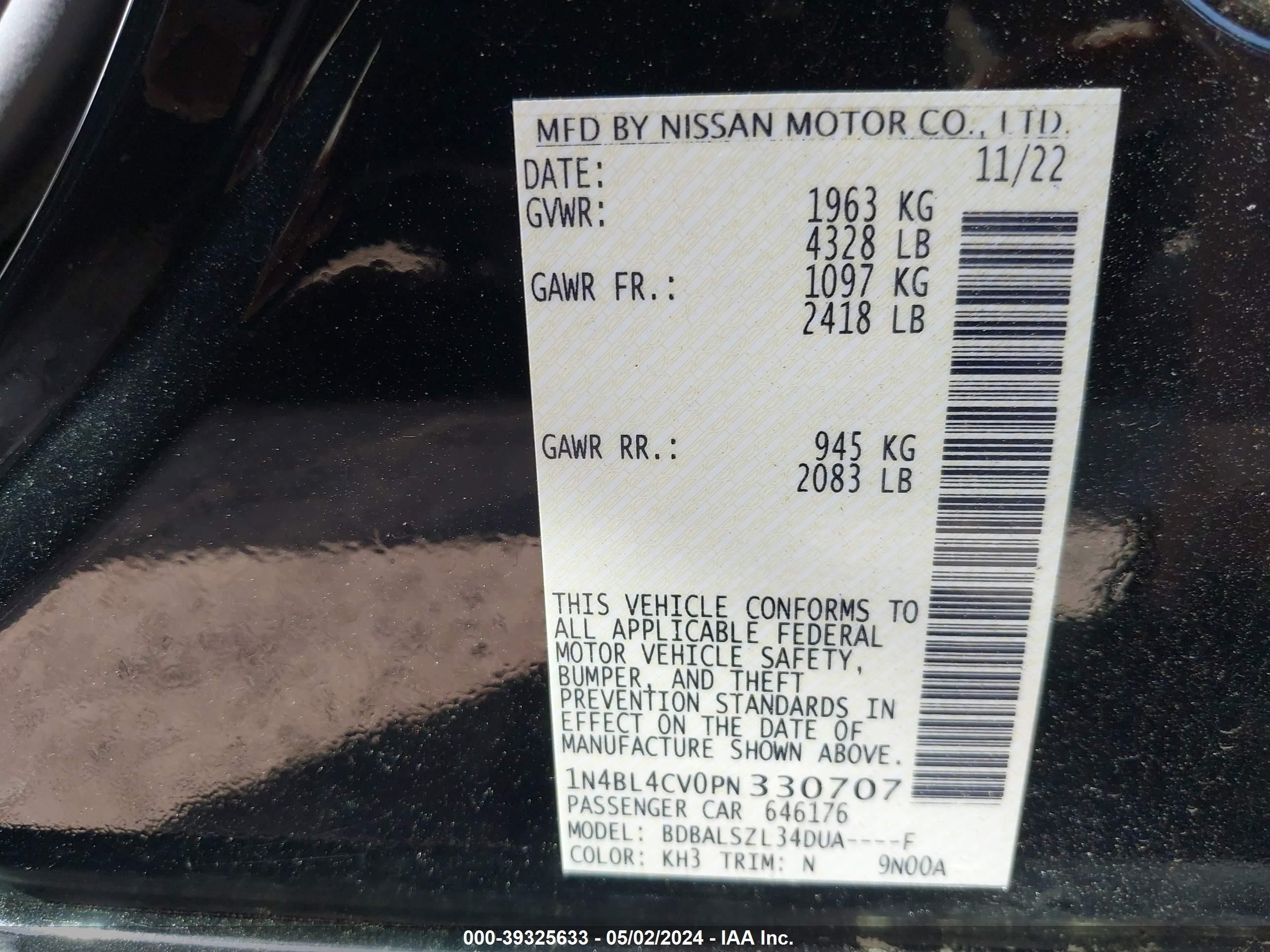 Photo 8 VIN: 1N4BL4CV0PN330707 - NISSAN ALTIMA 