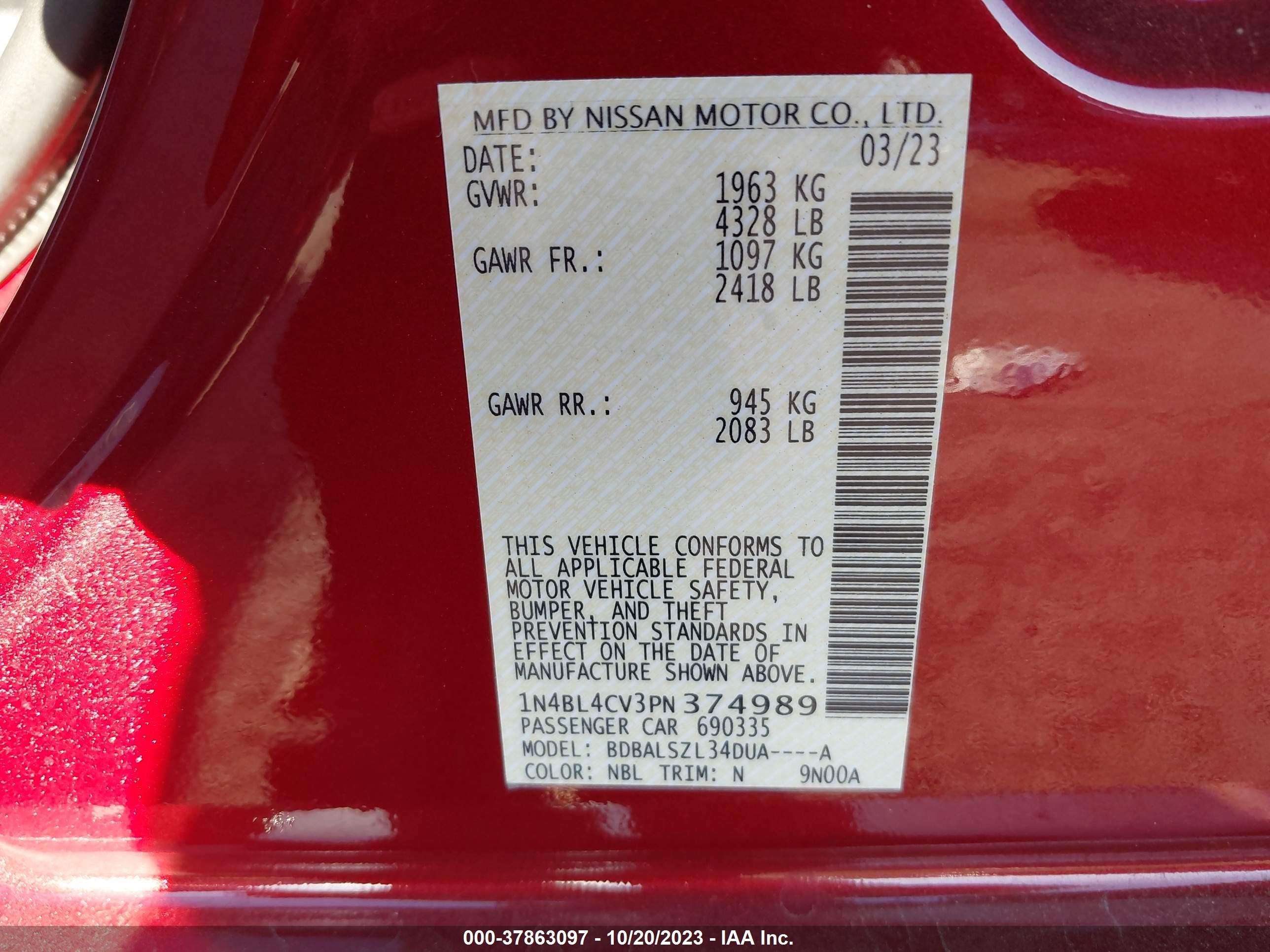 Photo 8 VIN: 1N4BL4CV3PN374989 - NISSAN ALTIMA 