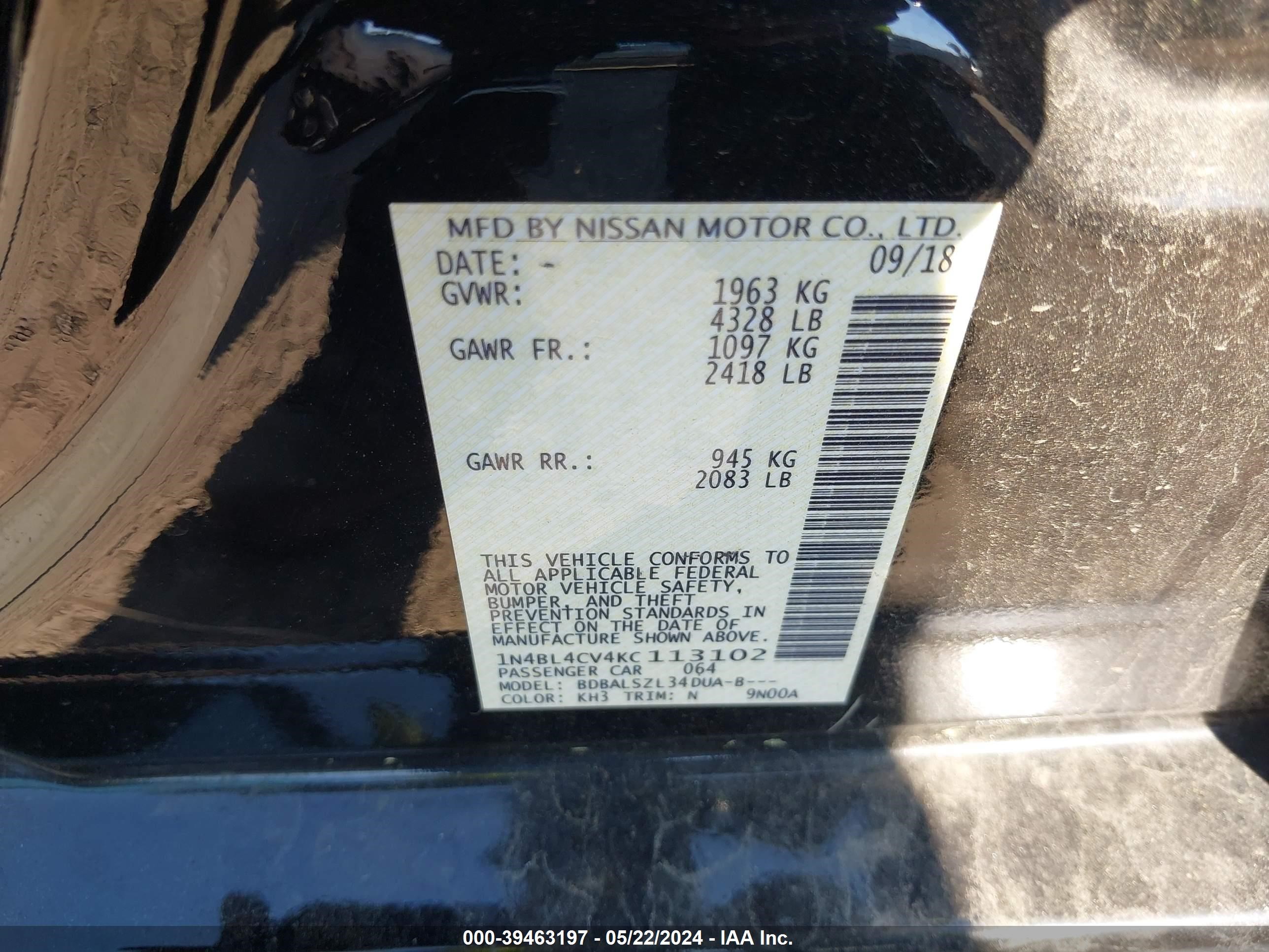 Photo 8 VIN: 1N4BL4CV4KC113102 - NISSAN ALTIMA 