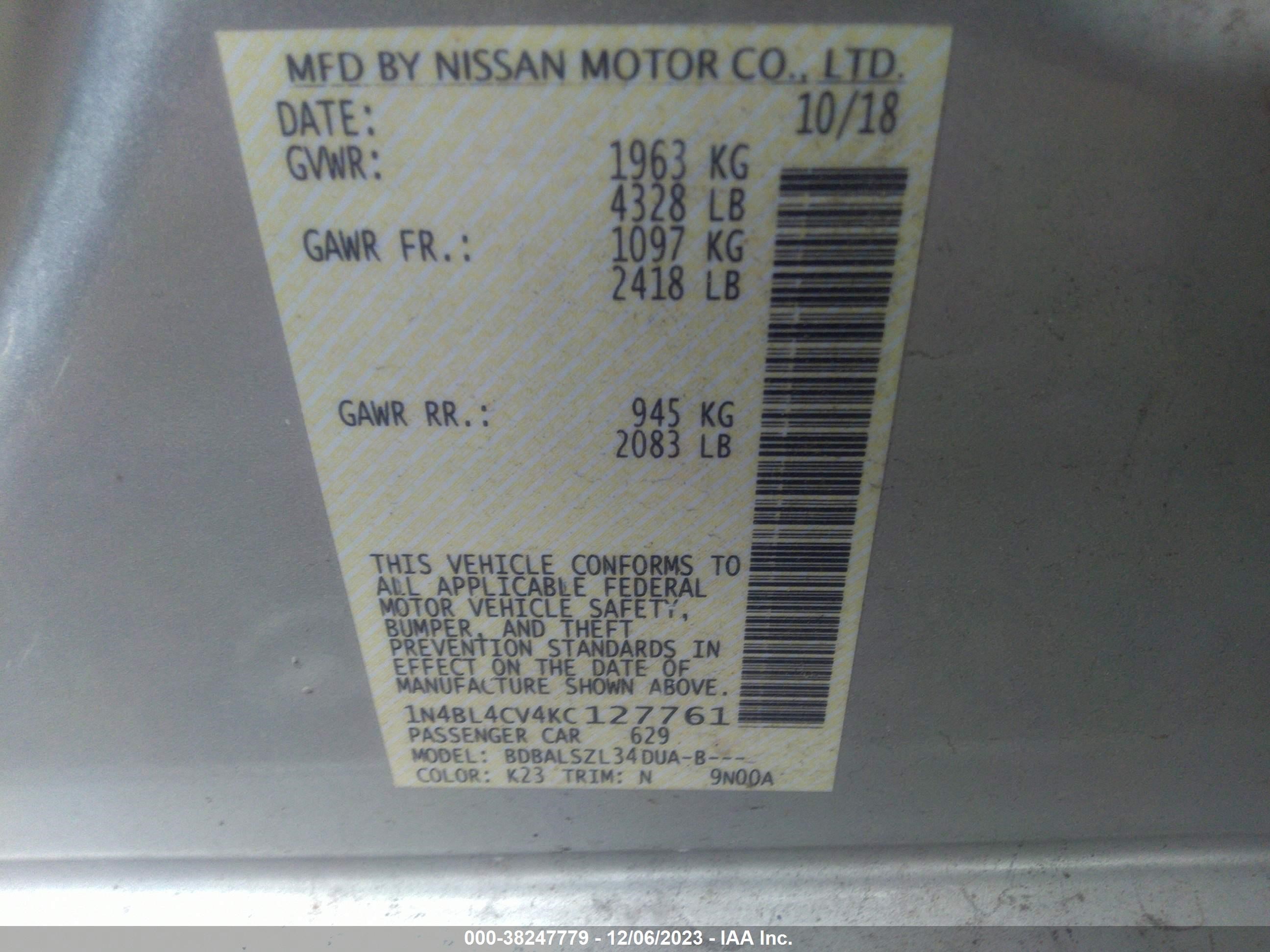 Photo 8 VIN: 1N4BL4CV4KC127761 - NISSAN ALTIMA 