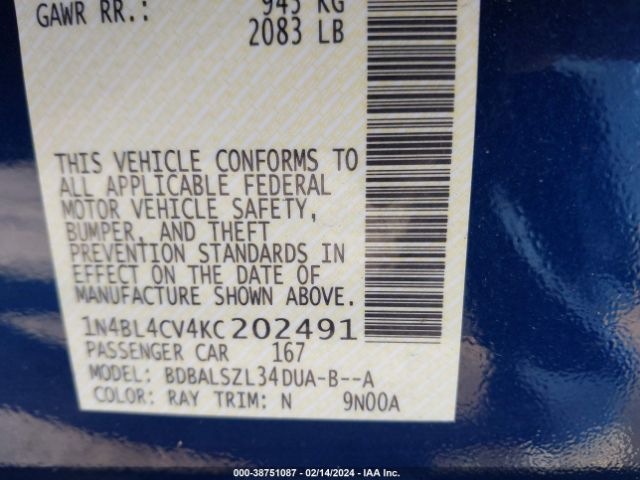 Photo 8 VIN: 1N4BL4CV4KC202491 - NISSAN ALTIMA 