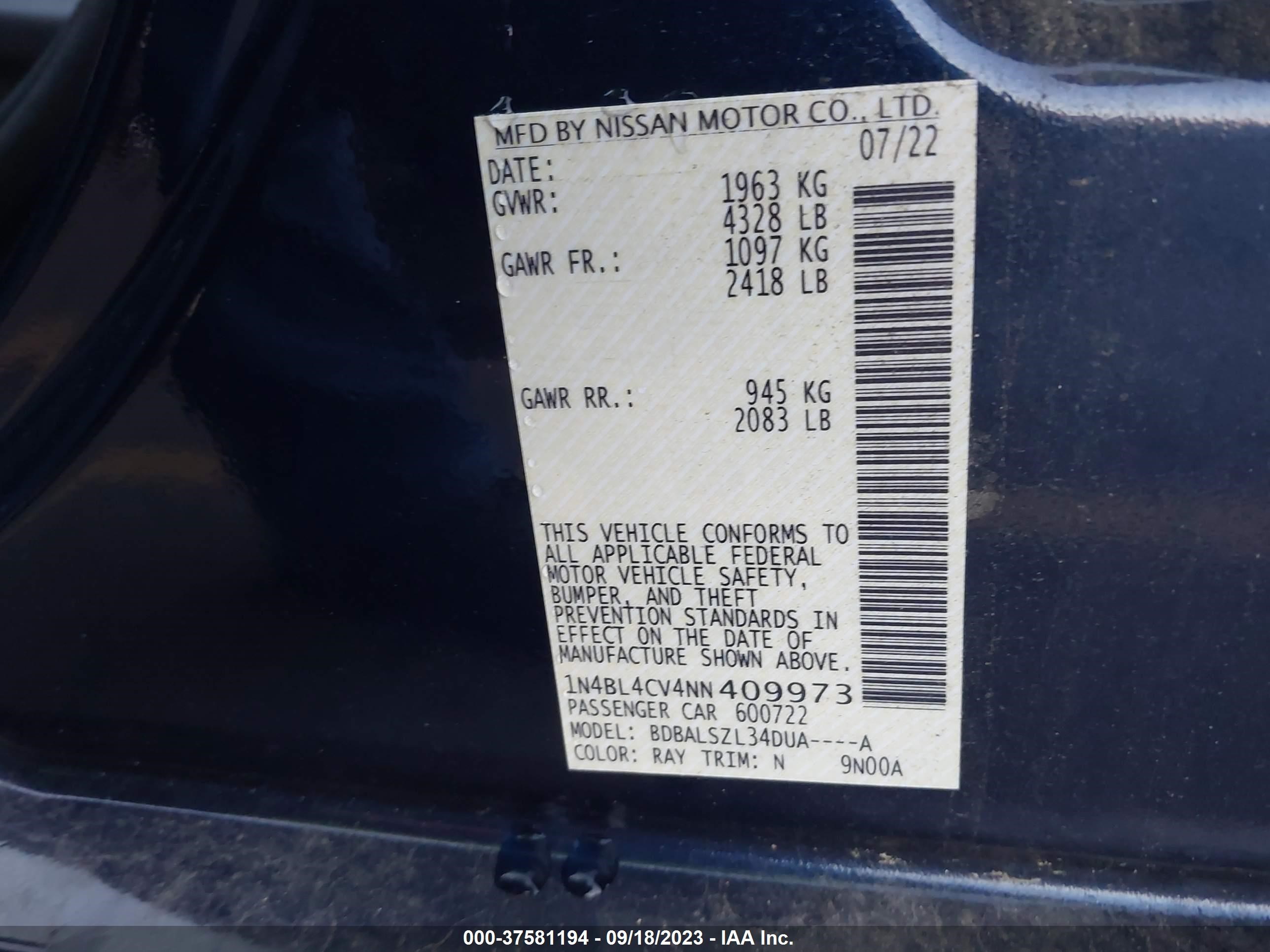 Photo 8 VIN: 1N4BL4CV4NN409973 - NISSAN ALTIMA 