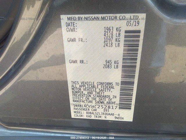 Photo 8 VIN: 1N4BL4CV5KC252817 - NISSAN ALTIMA 