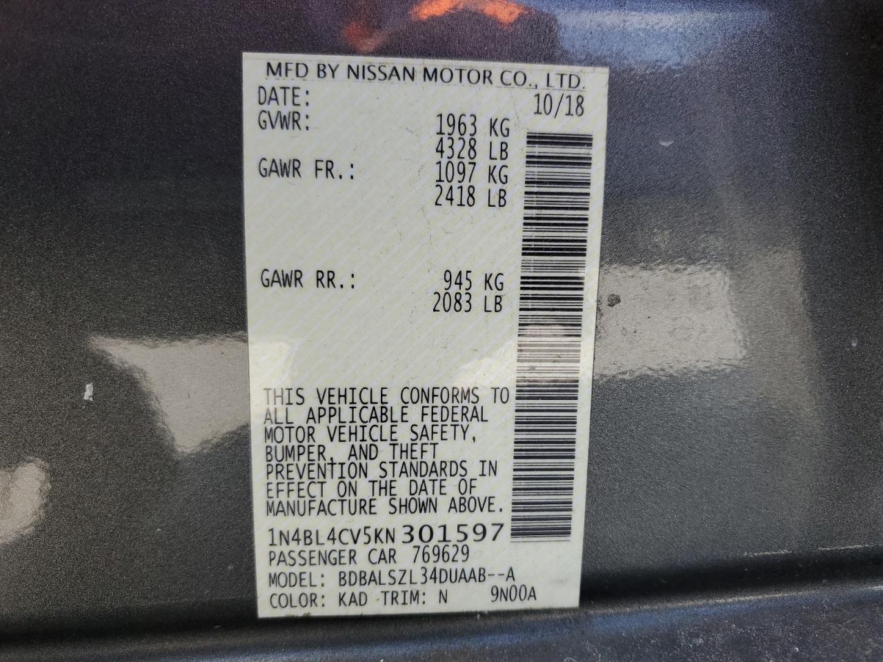 Photo 11 VIN: 1N4BL4CV5KN301597 - NISSAN ALTIMA 