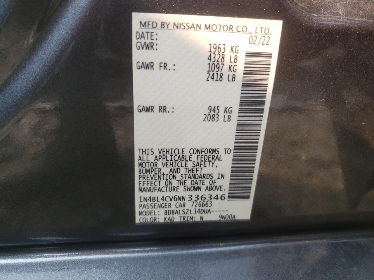 Photo 11 VIN: 1N4BL4CV6NN336346 - NISSAN ALTIMA 