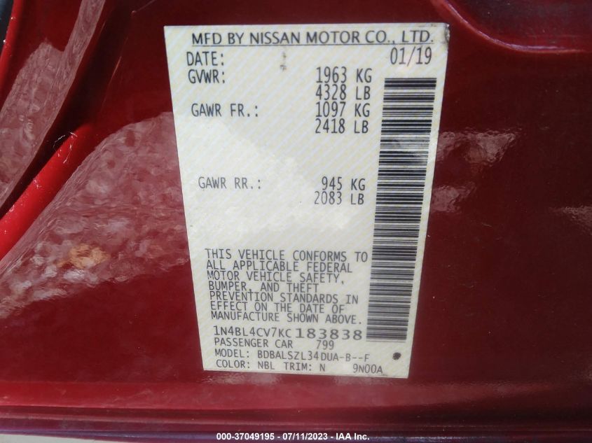 Photo 8 VIN: 1N4BL4CV7KC183838 - NISSAN ALTIMA 