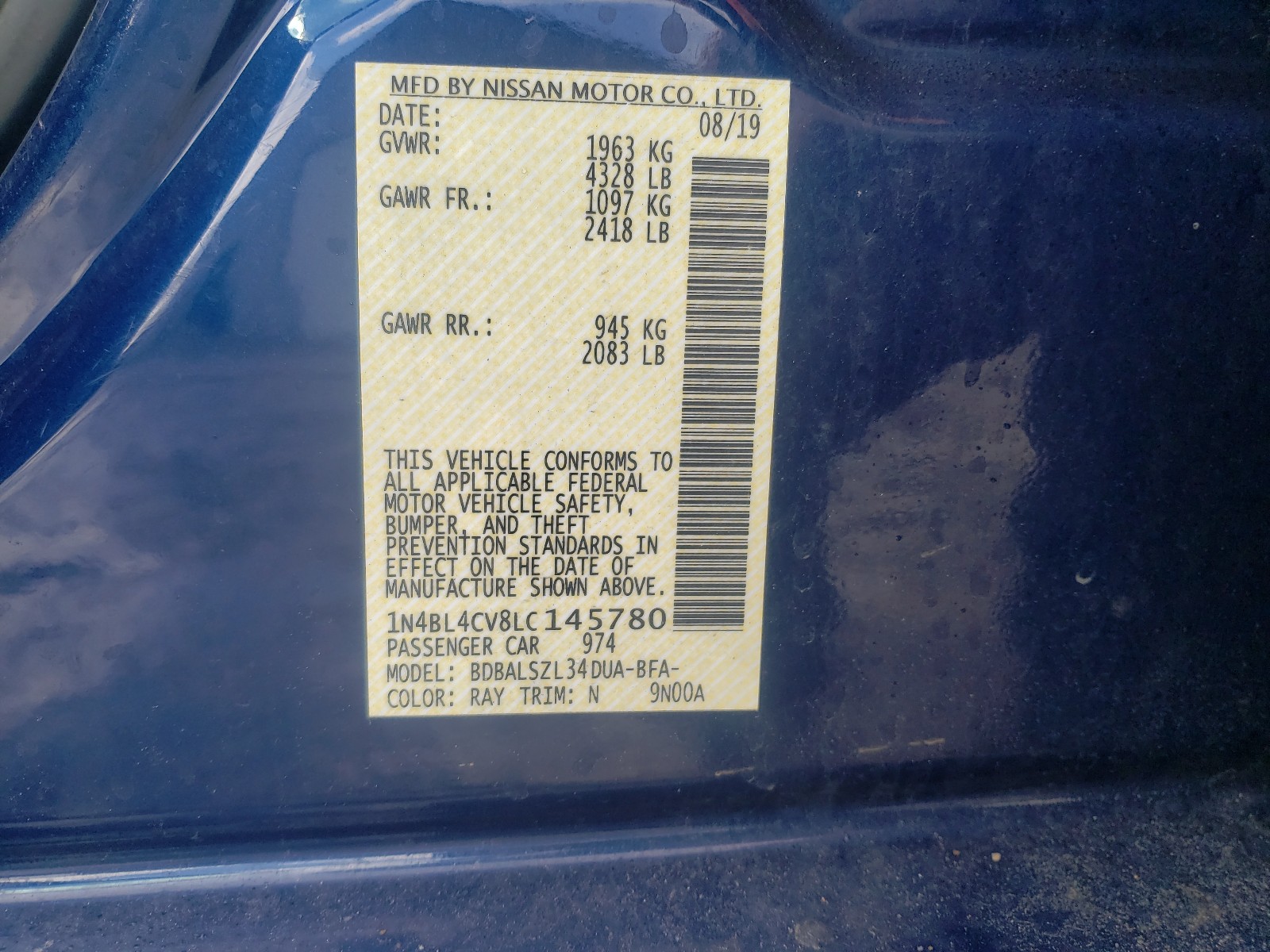 Photo 9 VIN: 1N4BL4CV8LC145780 - NISSAN ALTIMA SR 