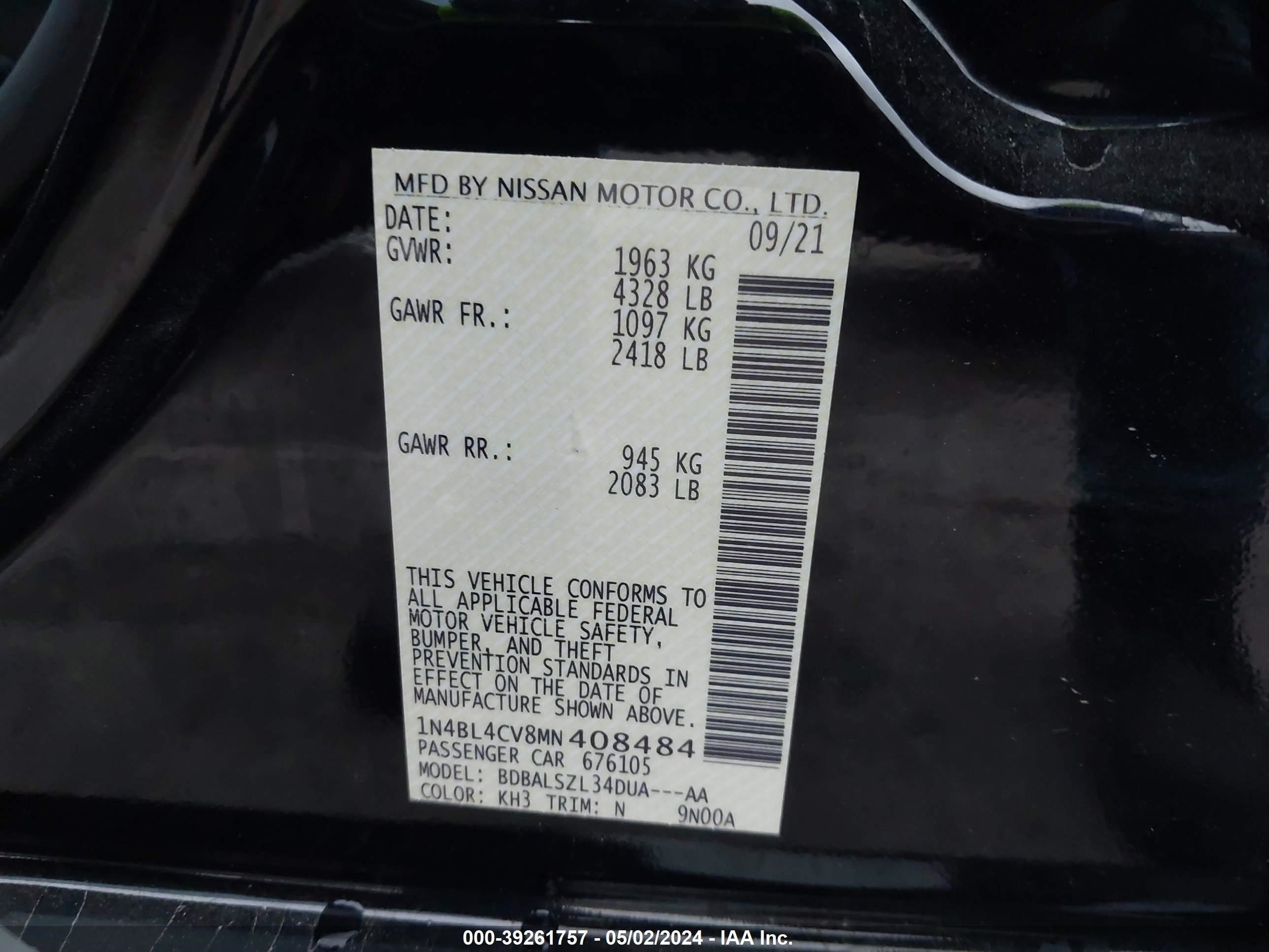 Photo 8 VIN: 1N4BL4CV8MN408484 - NISSAN ALTIMA 