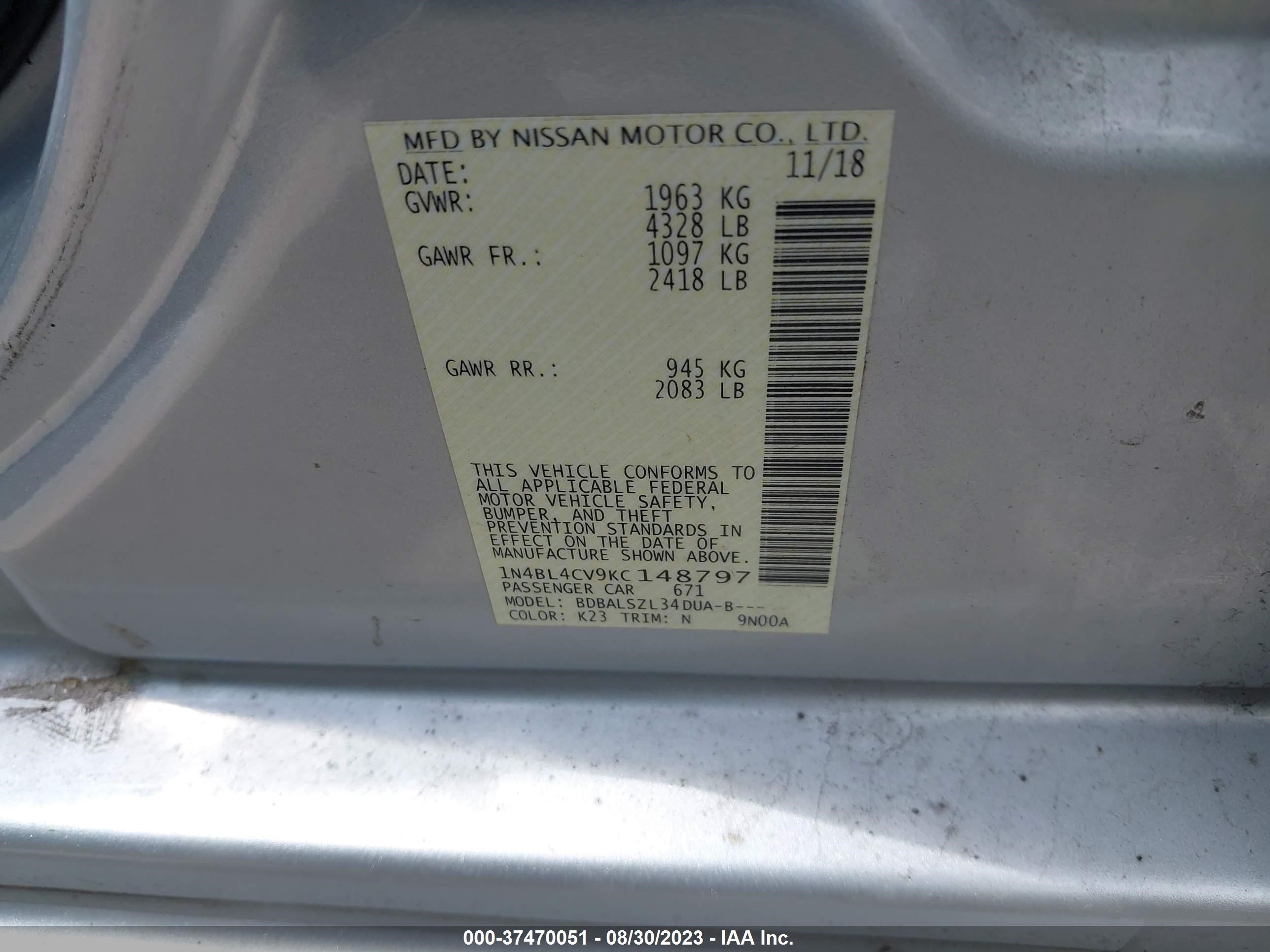 Photo 8 VIN: 1N4BL4CV9KC148797 - NISSAN ALTIMA 