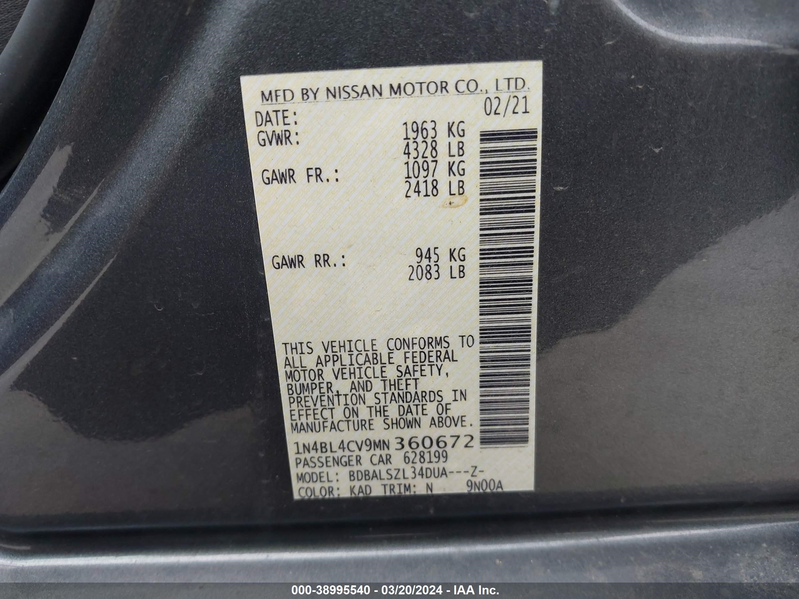 Photo 8 VIN: 1N4BL4CV9MN360672 - NISSAN ALTIMA 