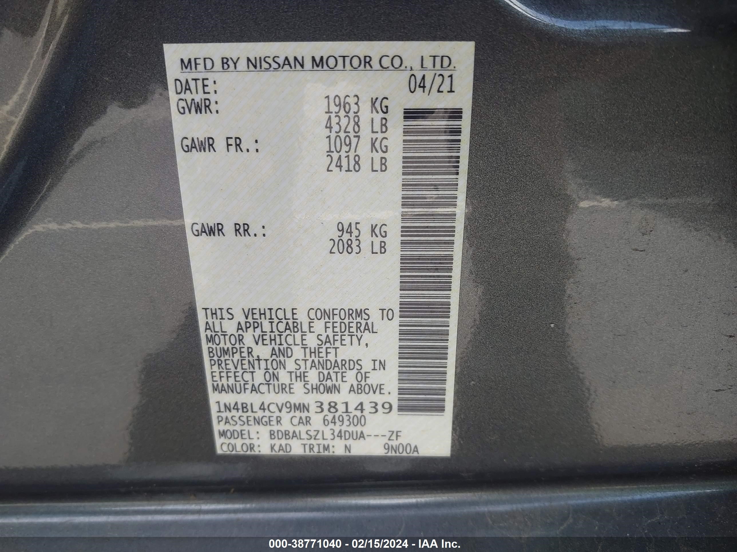 Photo 8 VIN: 1N4BL4CV9MN381439 - NISSAN ALTIMA 