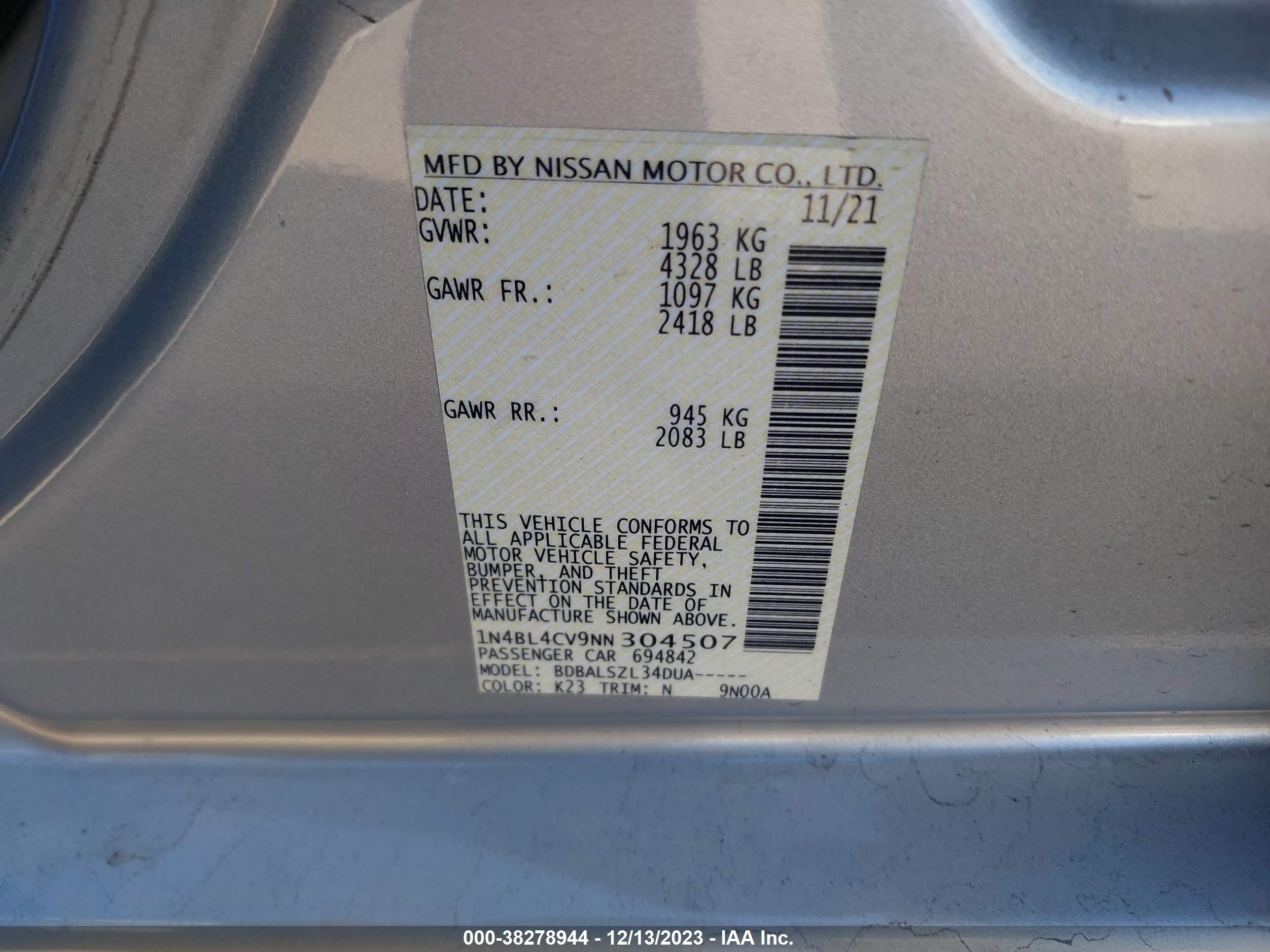 Photo 8 VIN: 1N4BL4CV9NN304507 - NISSAN ALTIMA 