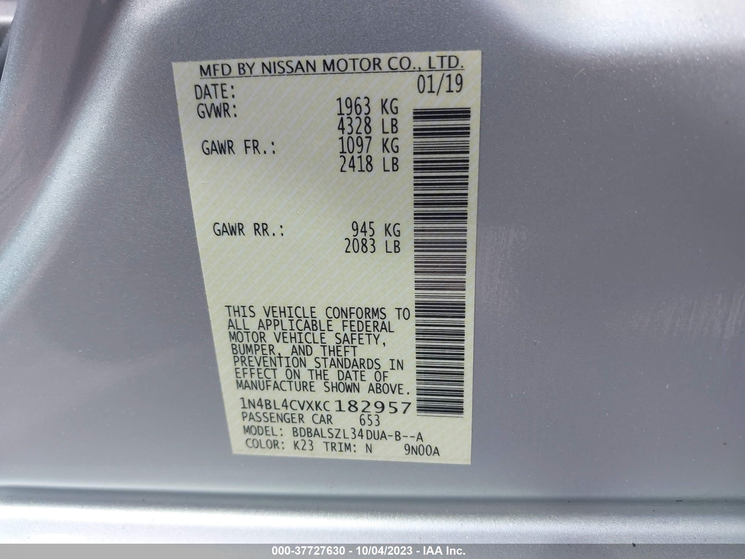 Photo 8 VIN: 1N4BL4CVXKC182957 - NISSAN ALTIMA 