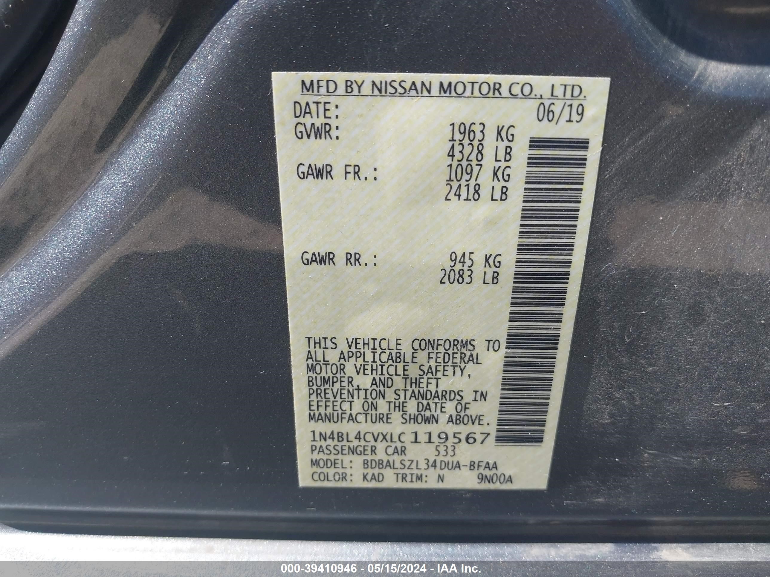 Photo 8 VIN: 1N4BL4CVXLC119567 - NISSAN ALTIMA 