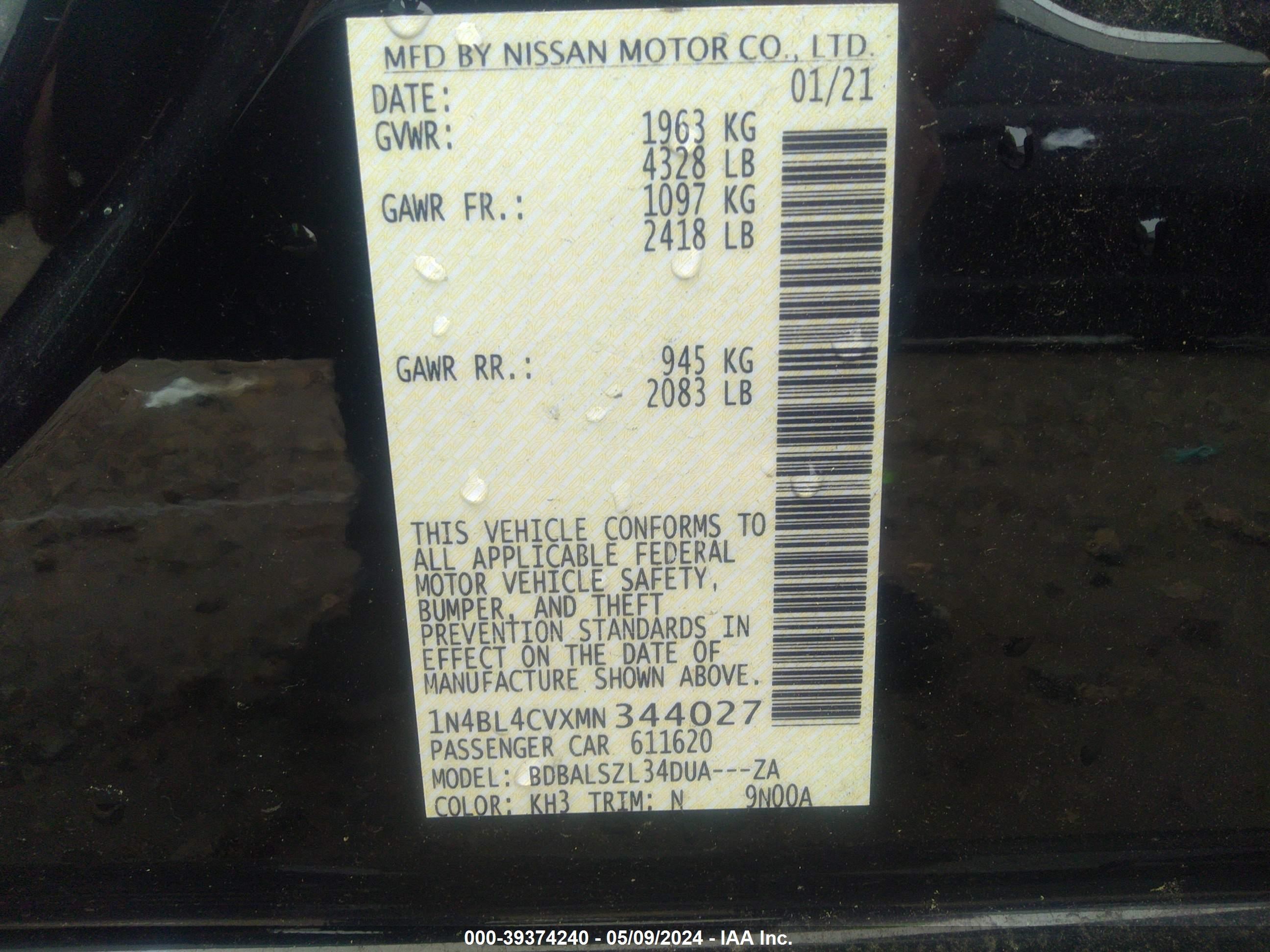 Photo 8 VIN: 1N4BL4CVXMN344027 - NISSAN ALTIMA 