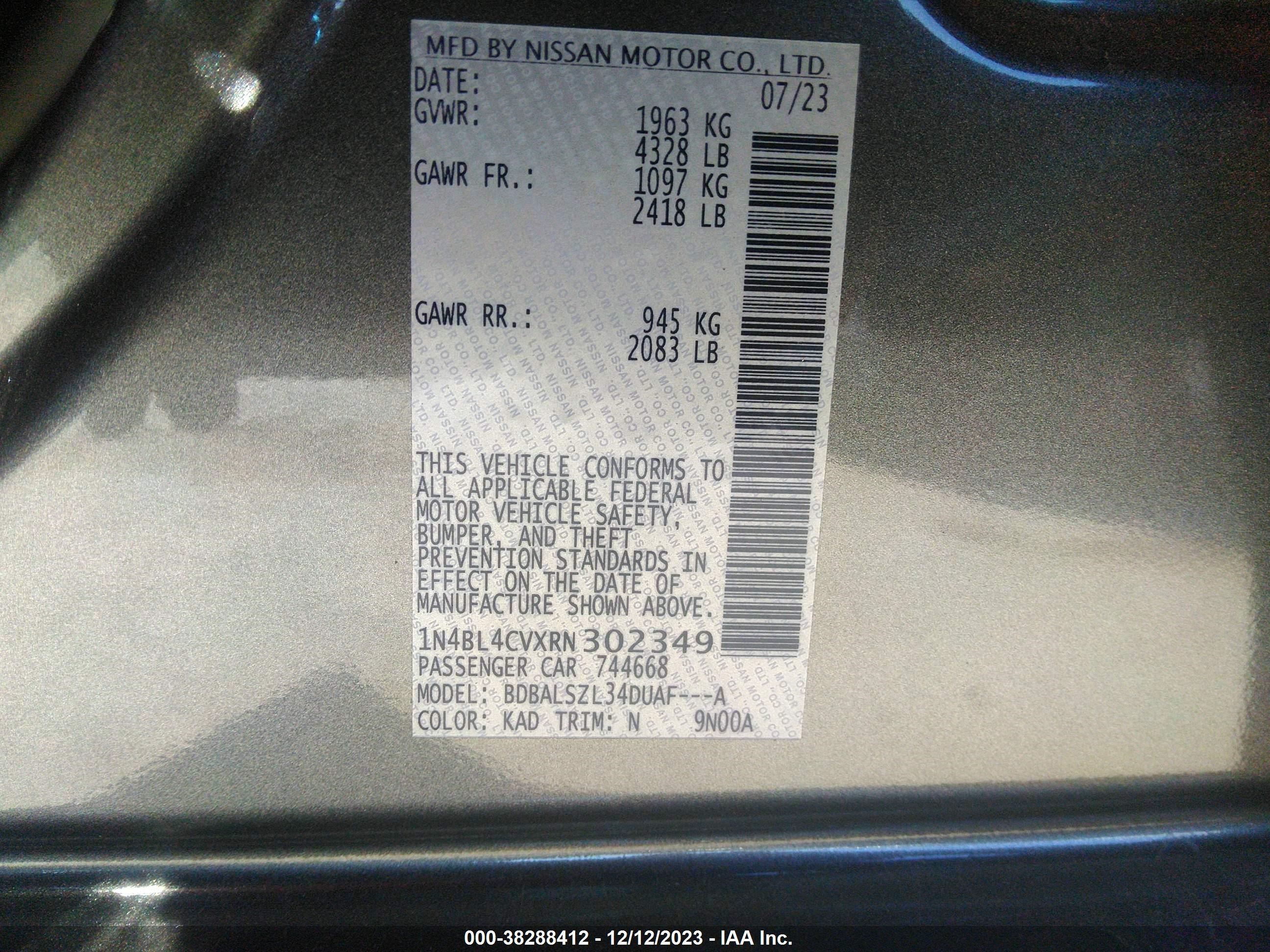 Photo 8 VIN: 1N4BL4CVXRN302349 - NISSAN ALTIMA 