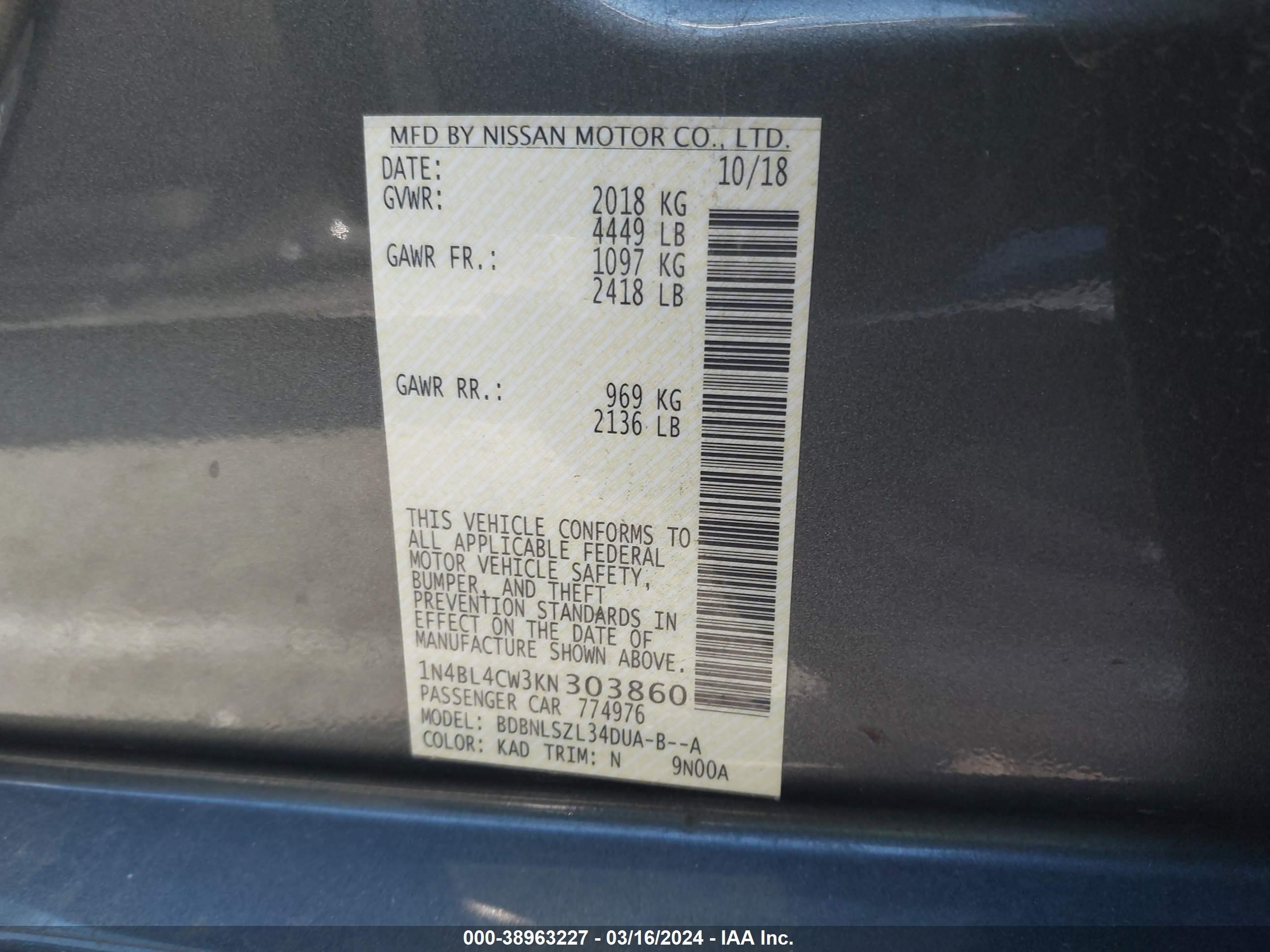 Photo 8 VIN: 1N4BL4CW3KN303860 - NISSAN ALTIMA 