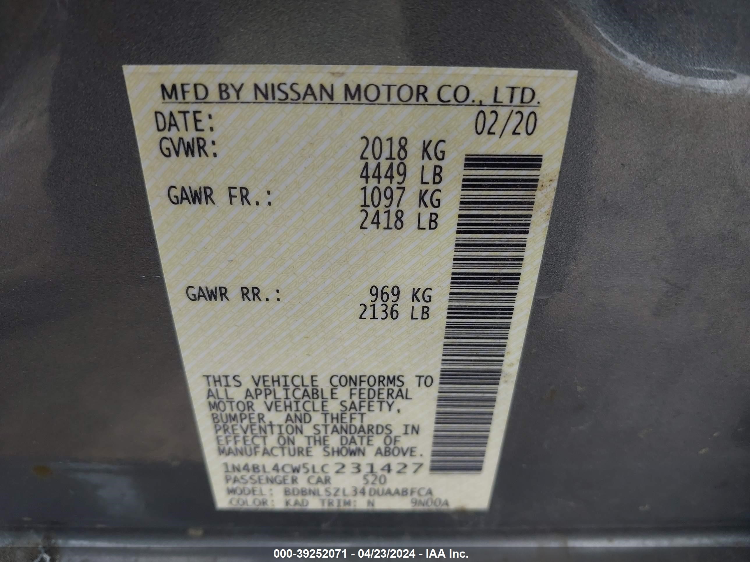 Photo 8 VIN: 1N4BL4CW5LC231427 - NISSAN ALTIMA 