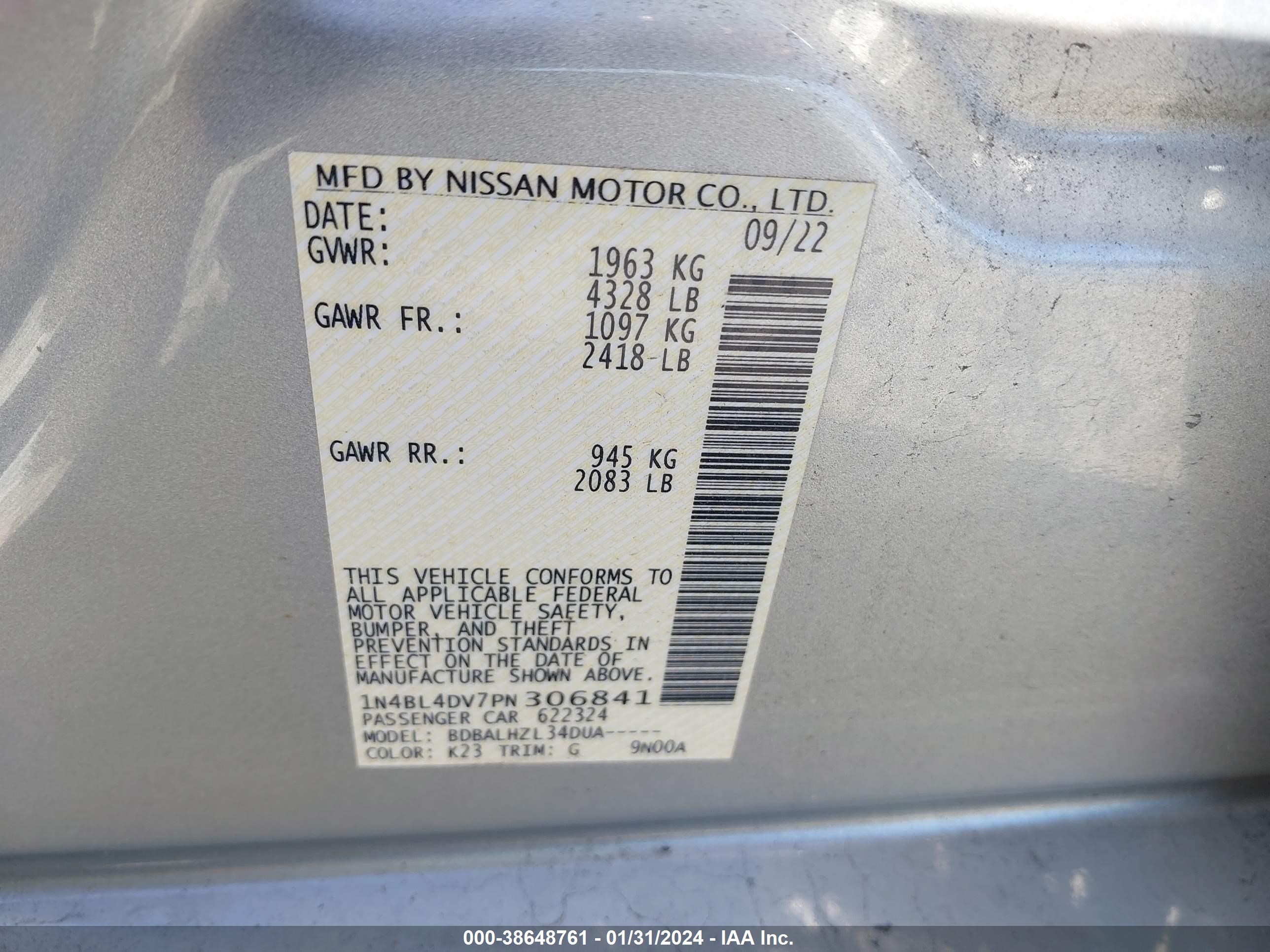 Photo 8 VIN: 1N4BL4DDV7PN30684 - NISSAN ALTIMA 