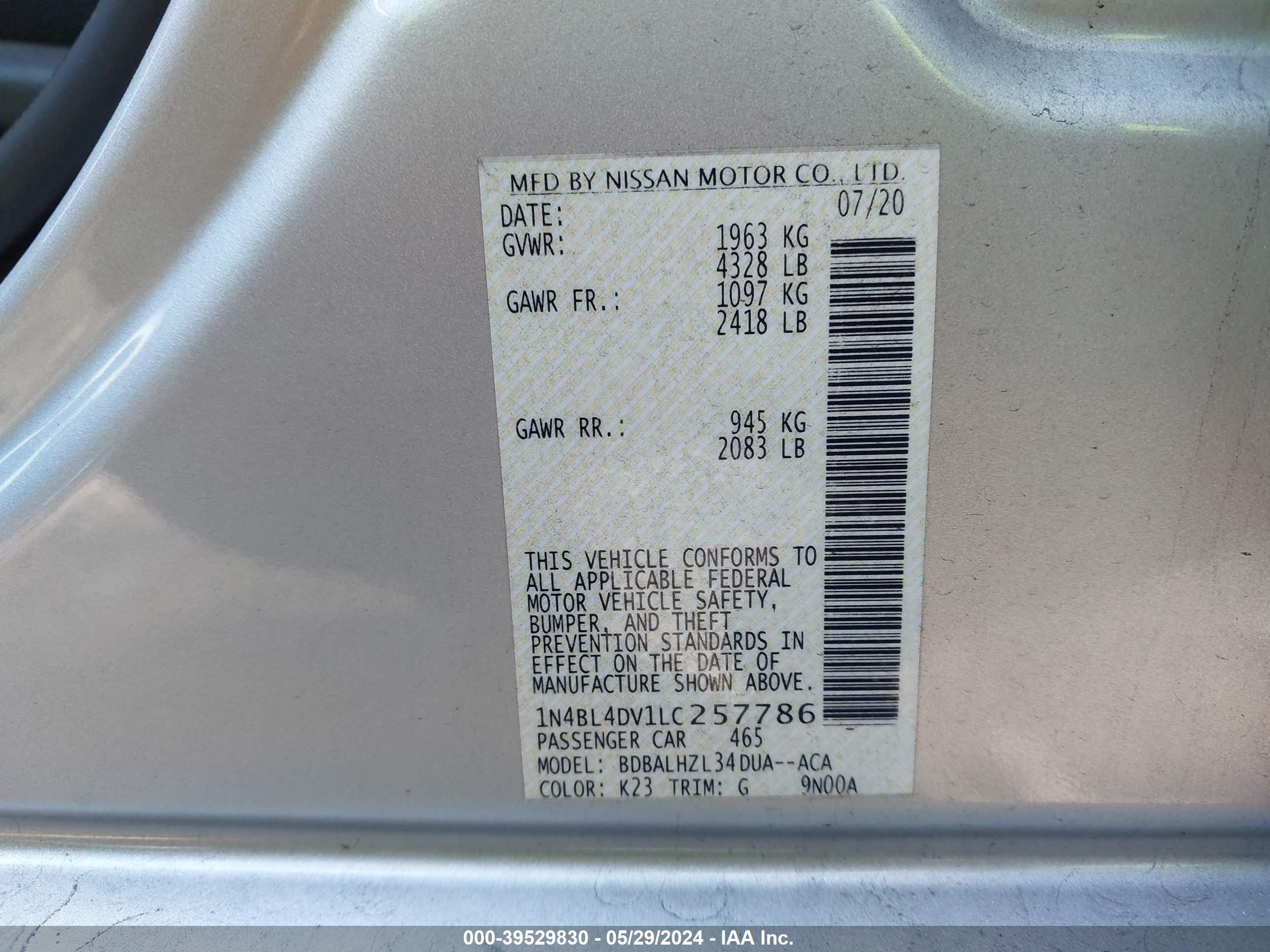 Photo 8 VIN: 1N4BL4DV1LC257786 - NISSAN ALTIMA 