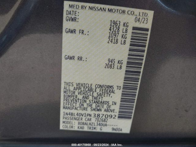 Photo 8 VIN: 1N4BL4DV1PN387092 - NISSAN ALTIMA 