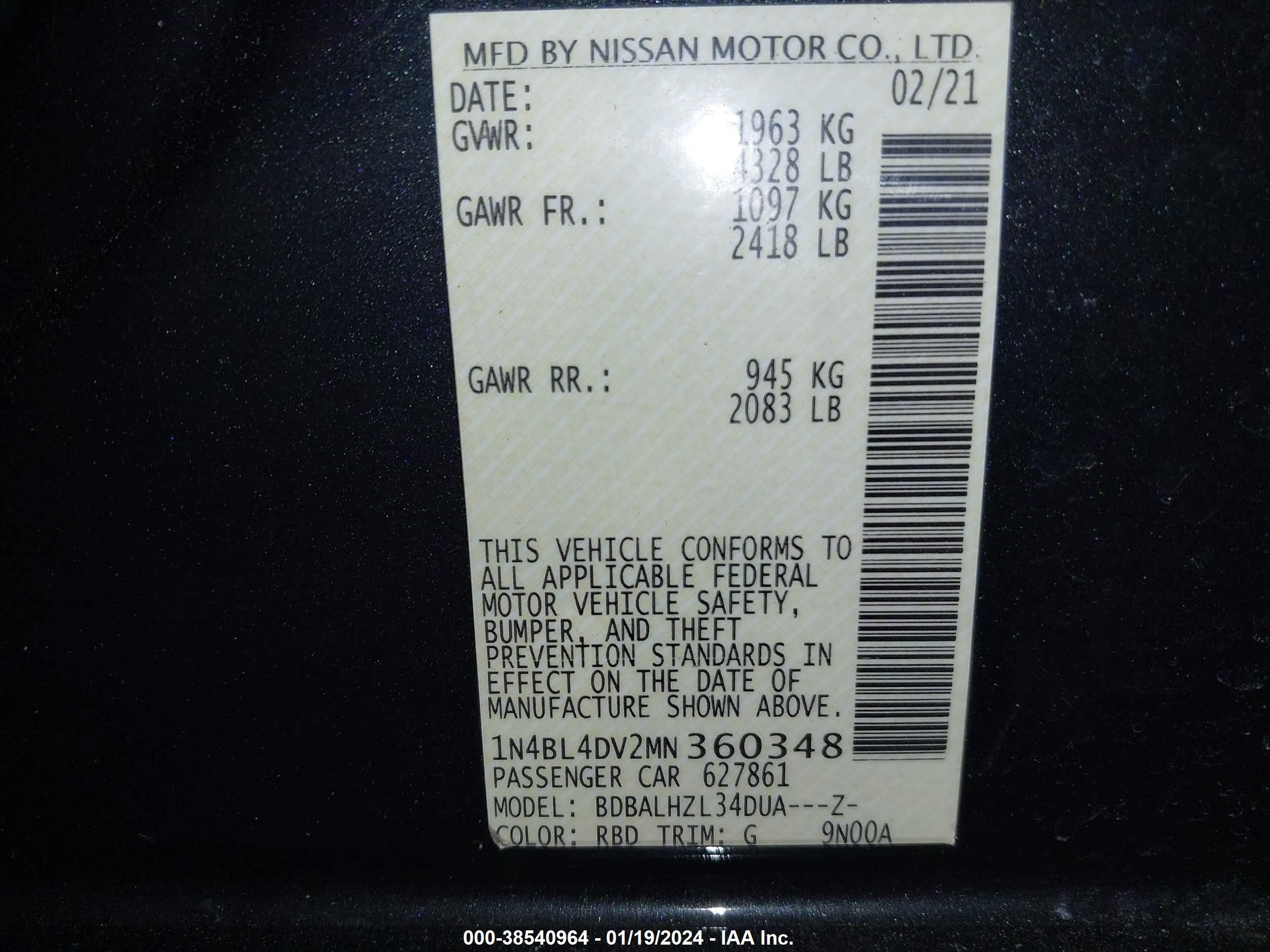 Photo 8 VIN: 1N4BL4DV2MN360348 - NISSAN ALTIMA 