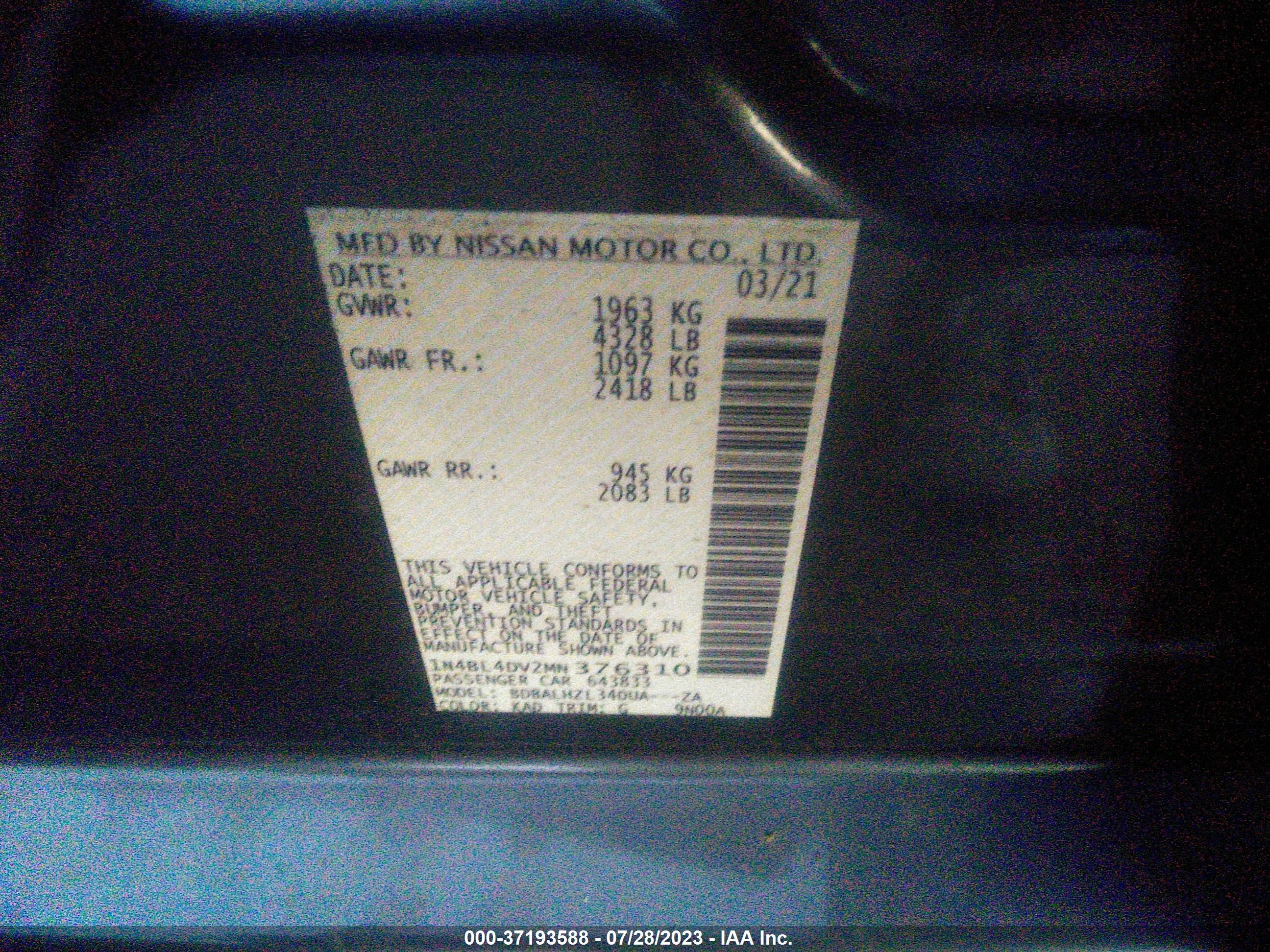 Photo 8 VIN: 1N4BL4DV2MN376310 - NISSAN ALTIMA 