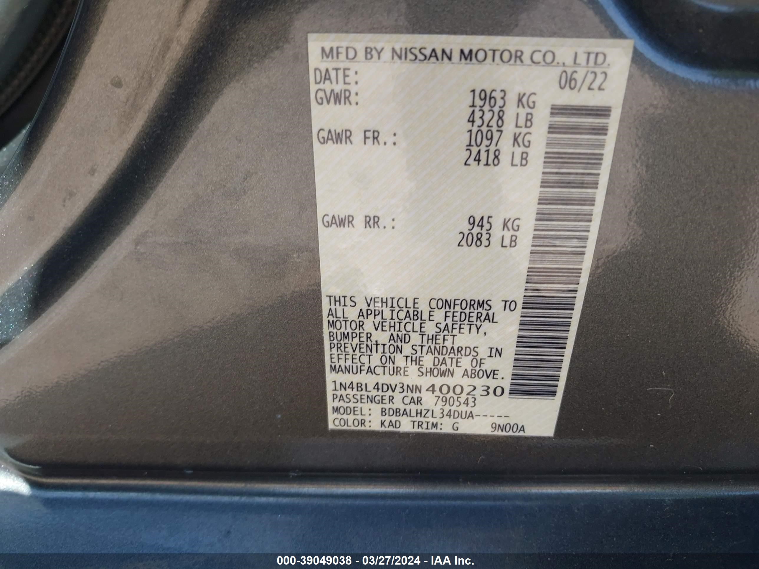 Photo 8 VIN: 1N4BL4DV3NN400230 - NISSAN ALTIMA 