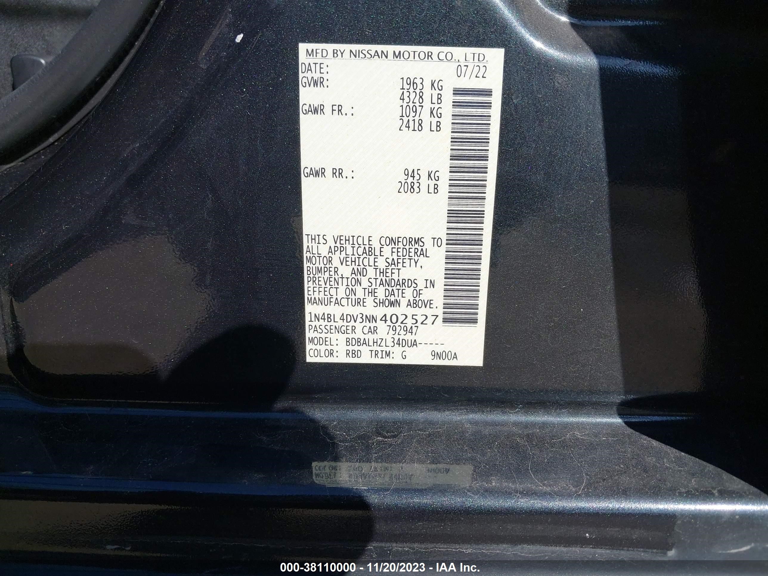 Photo 8 VIN: 1N4BL4DV3NN402527 - NISSAN ALTIMA 