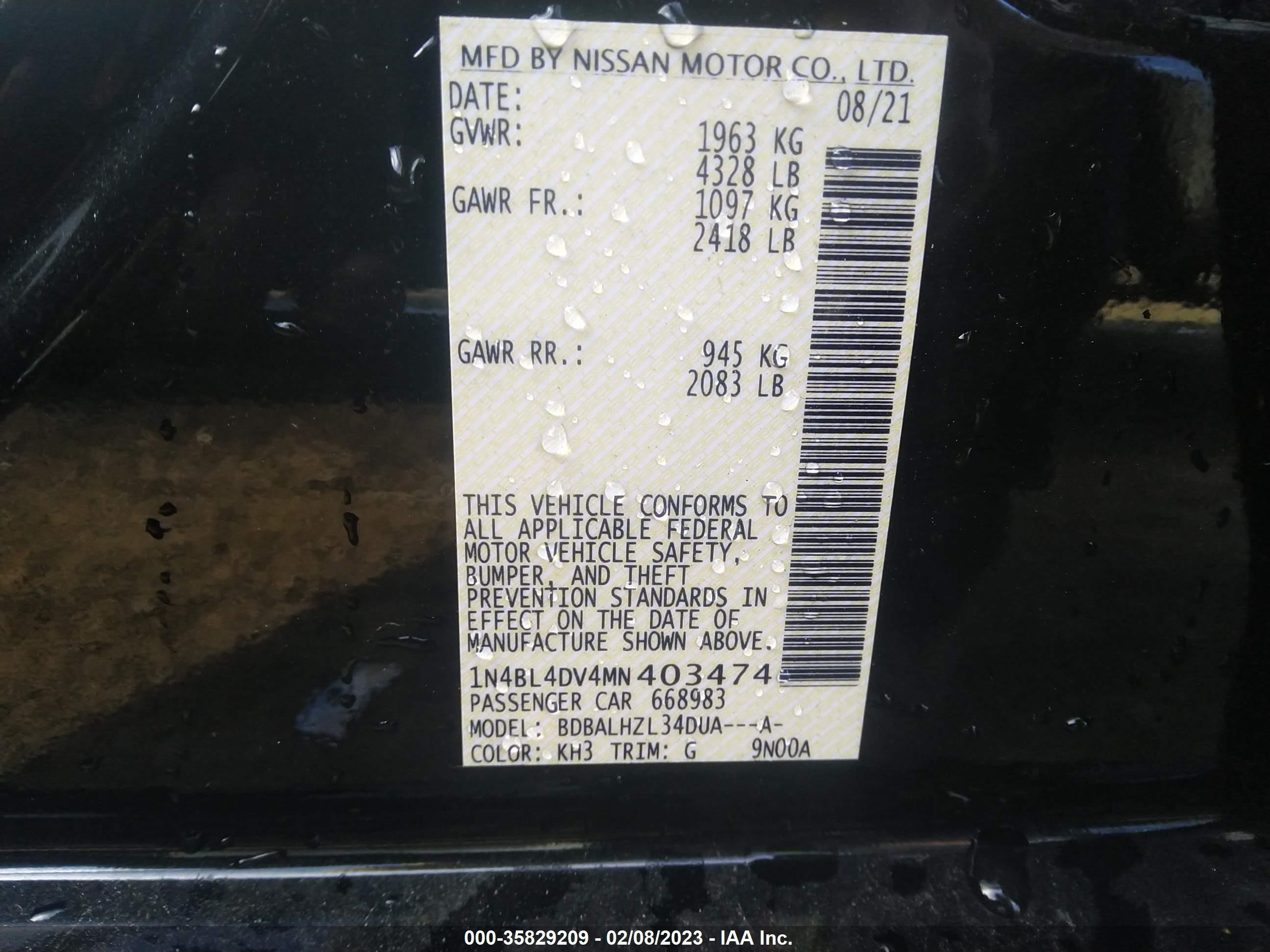 Photo 8 VIN: 1N4BL4DV4MN403474 - NISSAN ALTIMA 