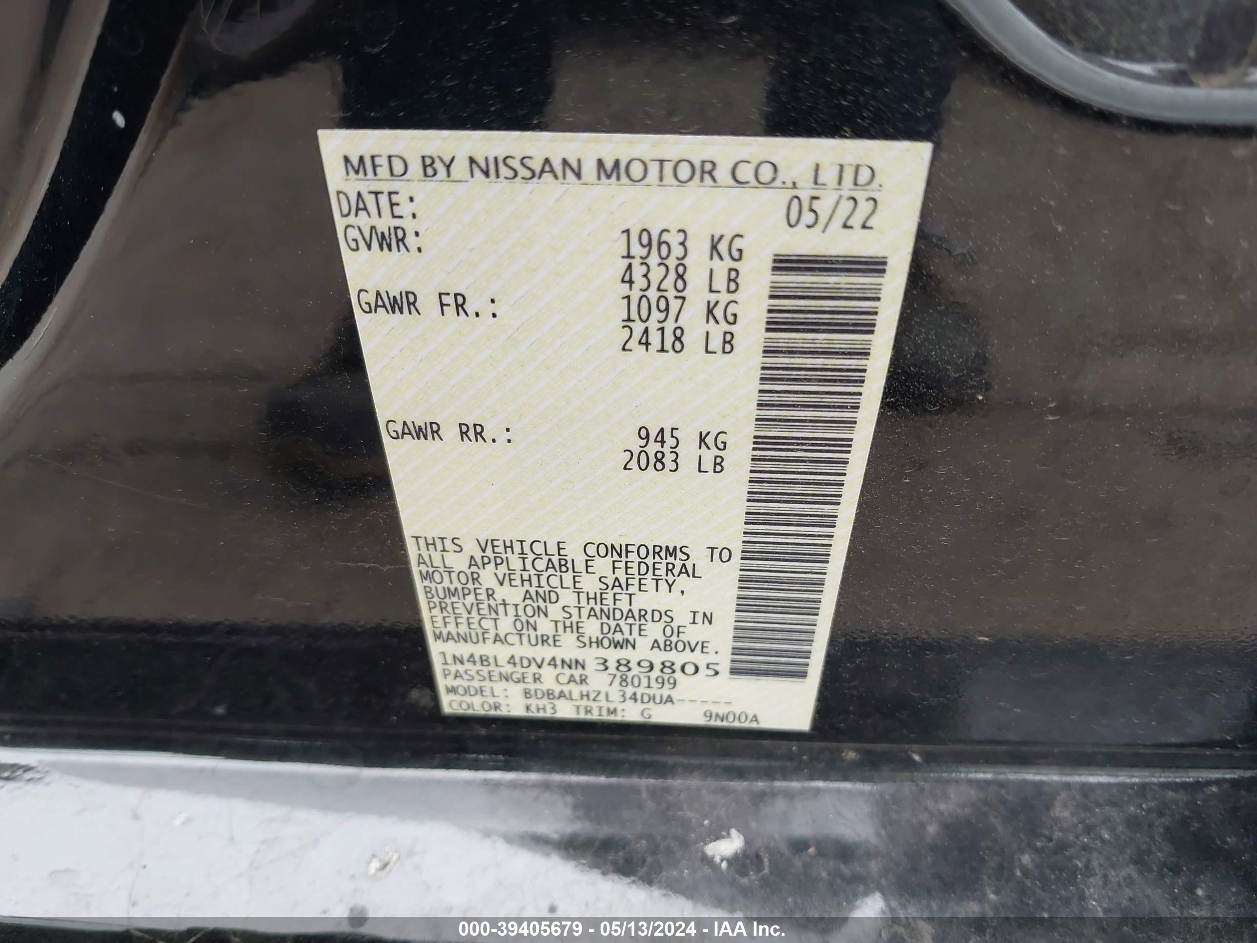 Photo 8 VIN: 1N4BL4DV4NN389805 - NISSAN ALTIMA 