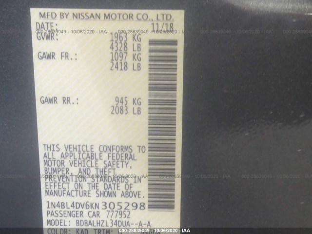 Photo 8 VIN: 1N4BL4DV6KN305298 - NISSAN ALTIMA 