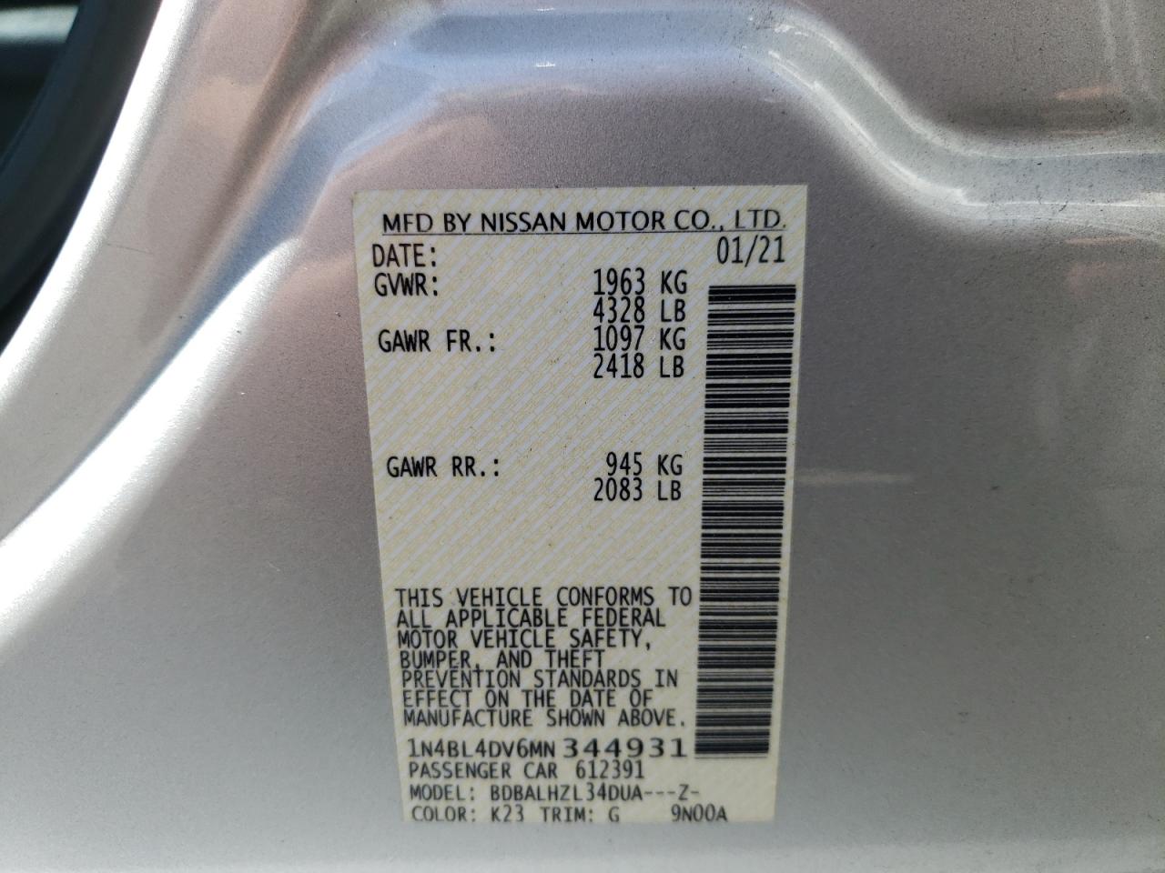 Photo 9 VIN: 1N4BL4DV6MN344931 - NISSAN ALTIMA 