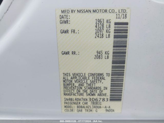 Photo 8 VIN: 1N4BL4DV7KN306783 - NISSAN ALTIMA 