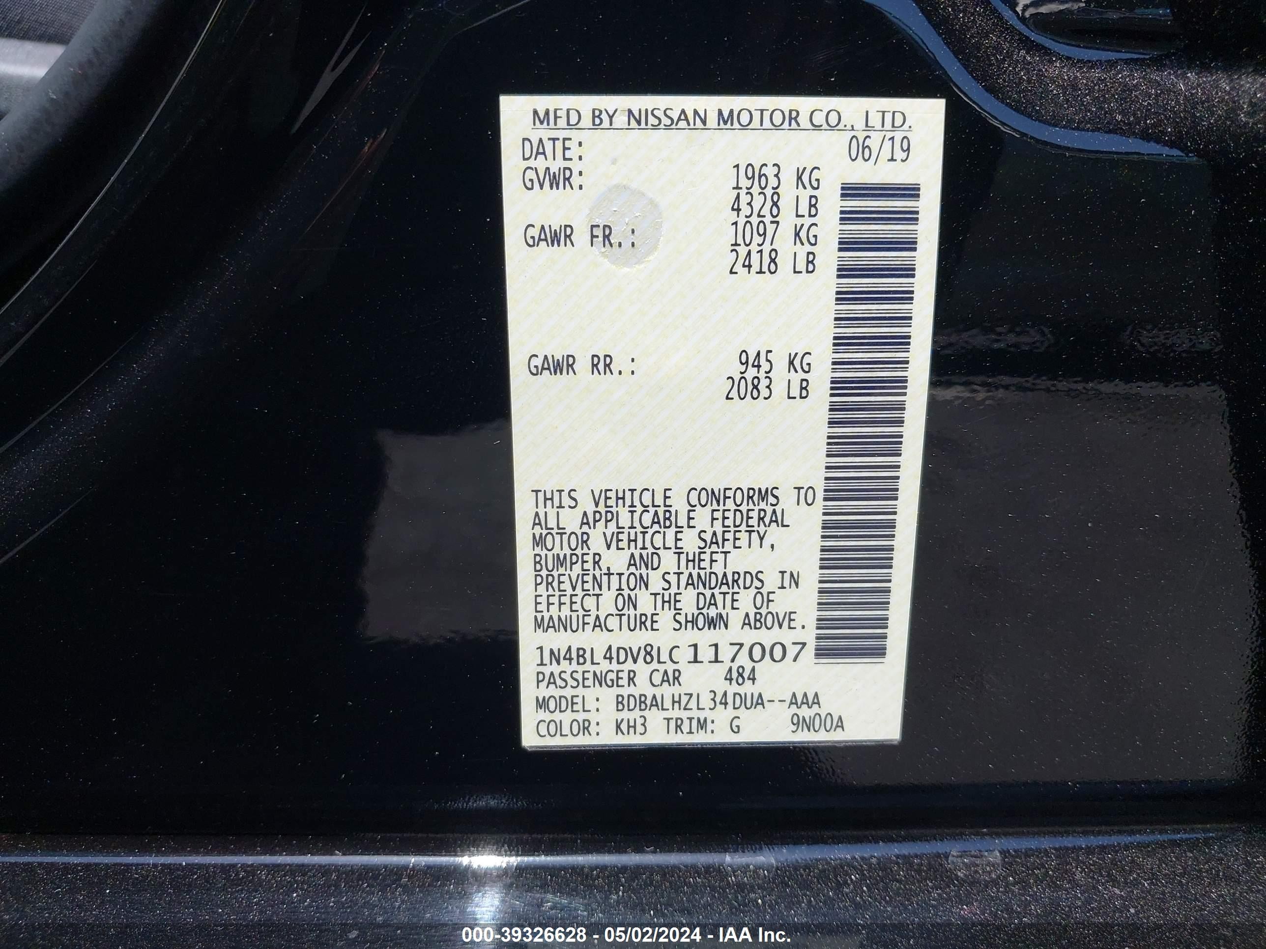 Photo 8 VIN: 1N4BL4DV8LC117007 - NISSAN ALTIMA 