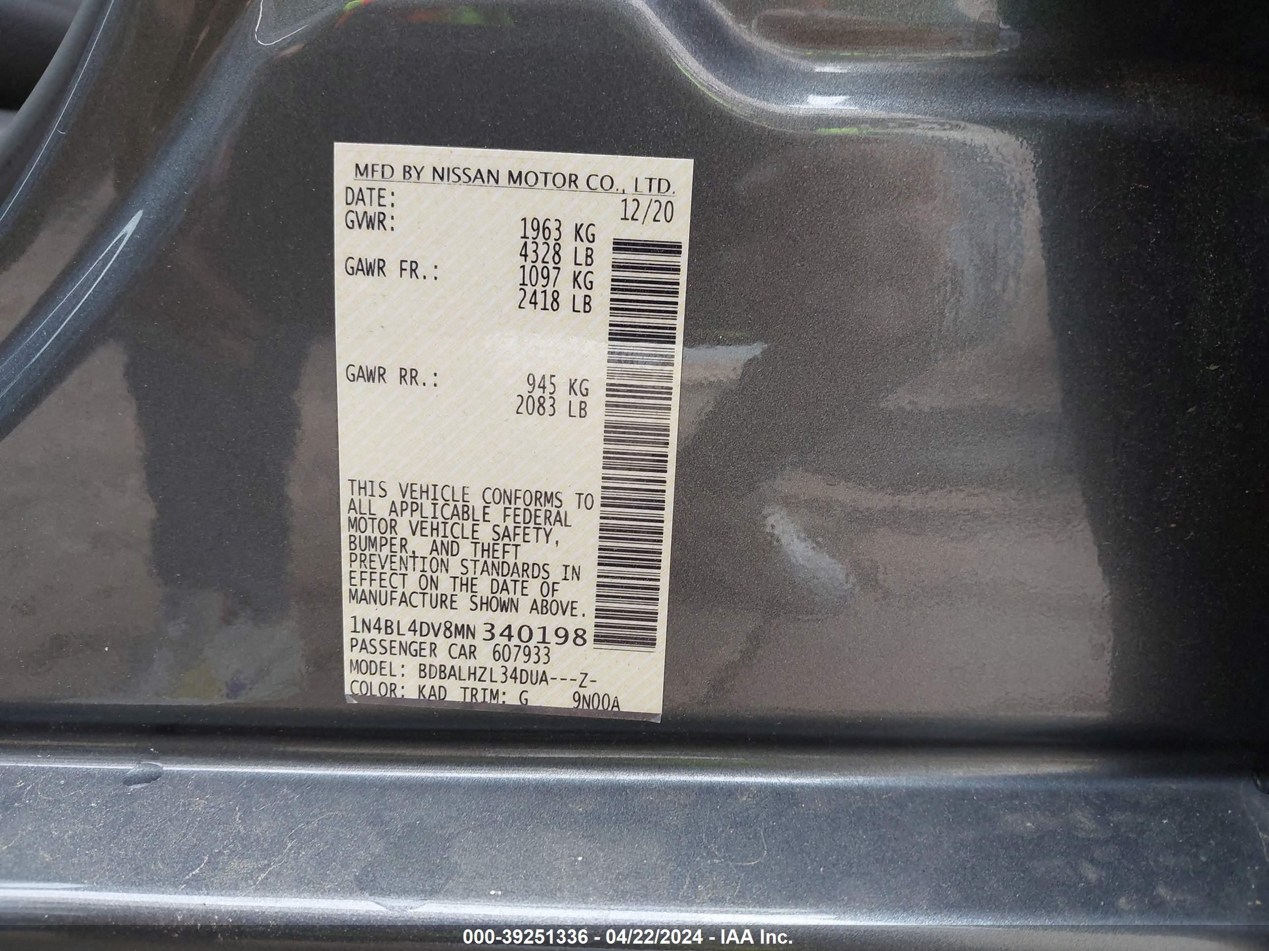 Photo 8 VIN: 1N4BL4DV8MN340198 - NISSAN ALTIMA 