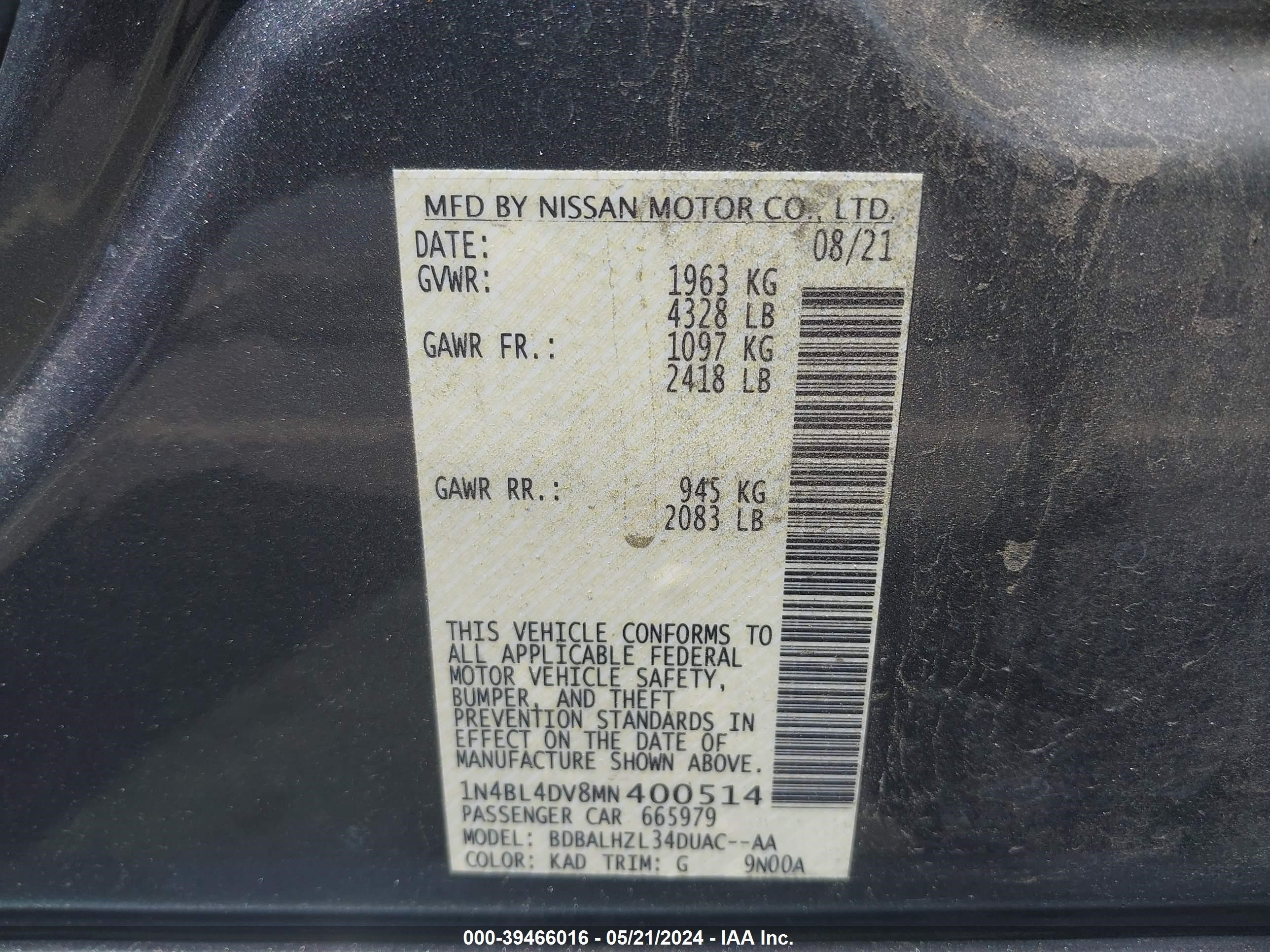 Photo 8 VIN: 1N4BL4DV8MN400514 - NISSAN ALTIMA 