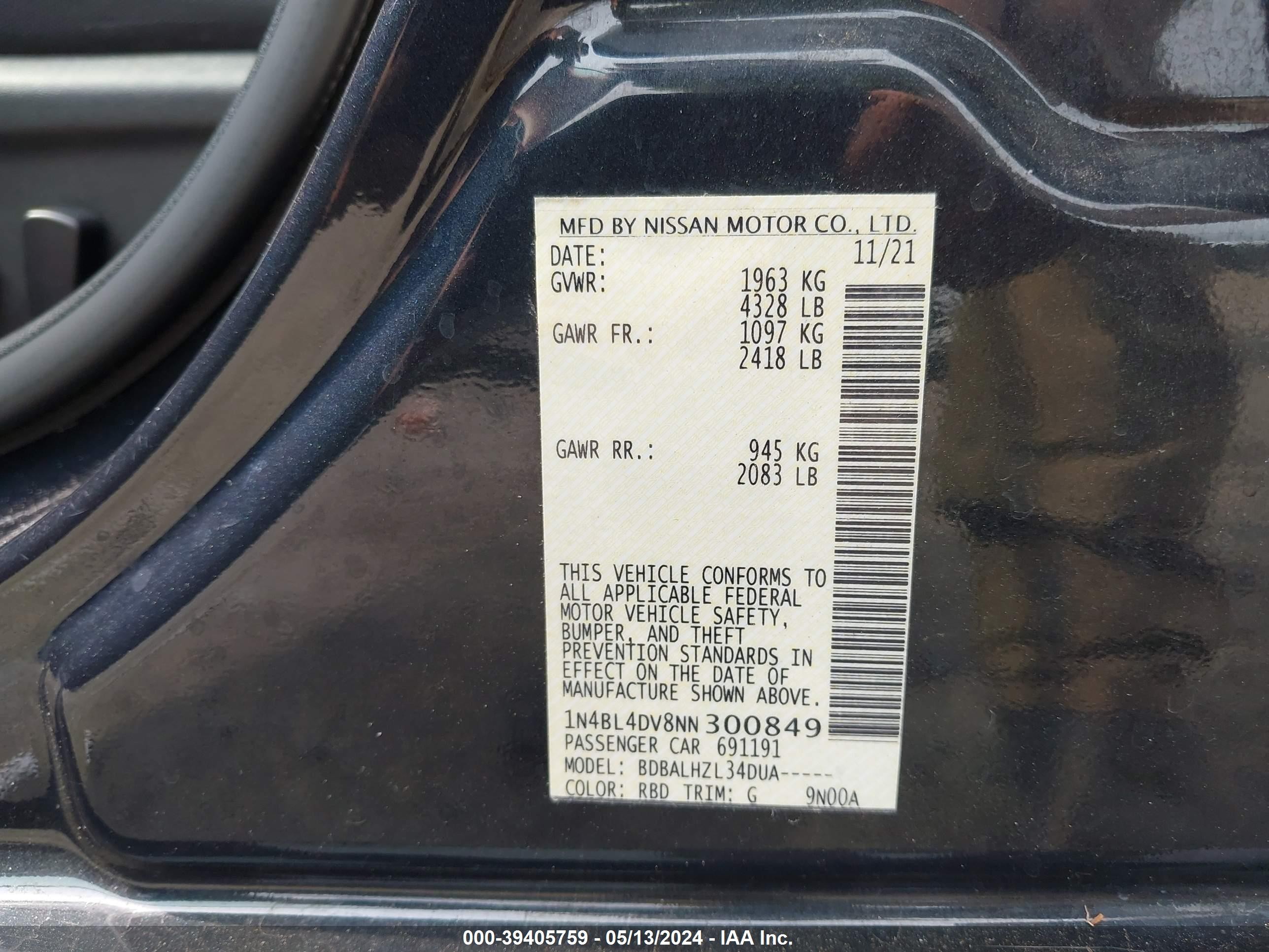 Photo 8 VIN: 1N4BL4DV8NN300849 - NISSAN ALTIMA 