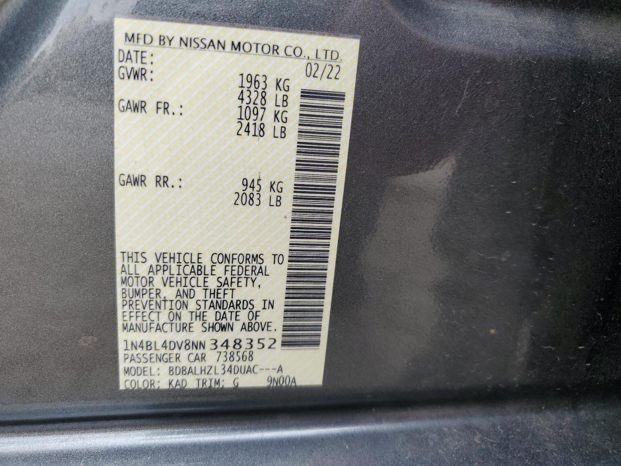 Photo 12 VIN: 1N4BL4DV8NN348352 - NISSAN ALTIMA 