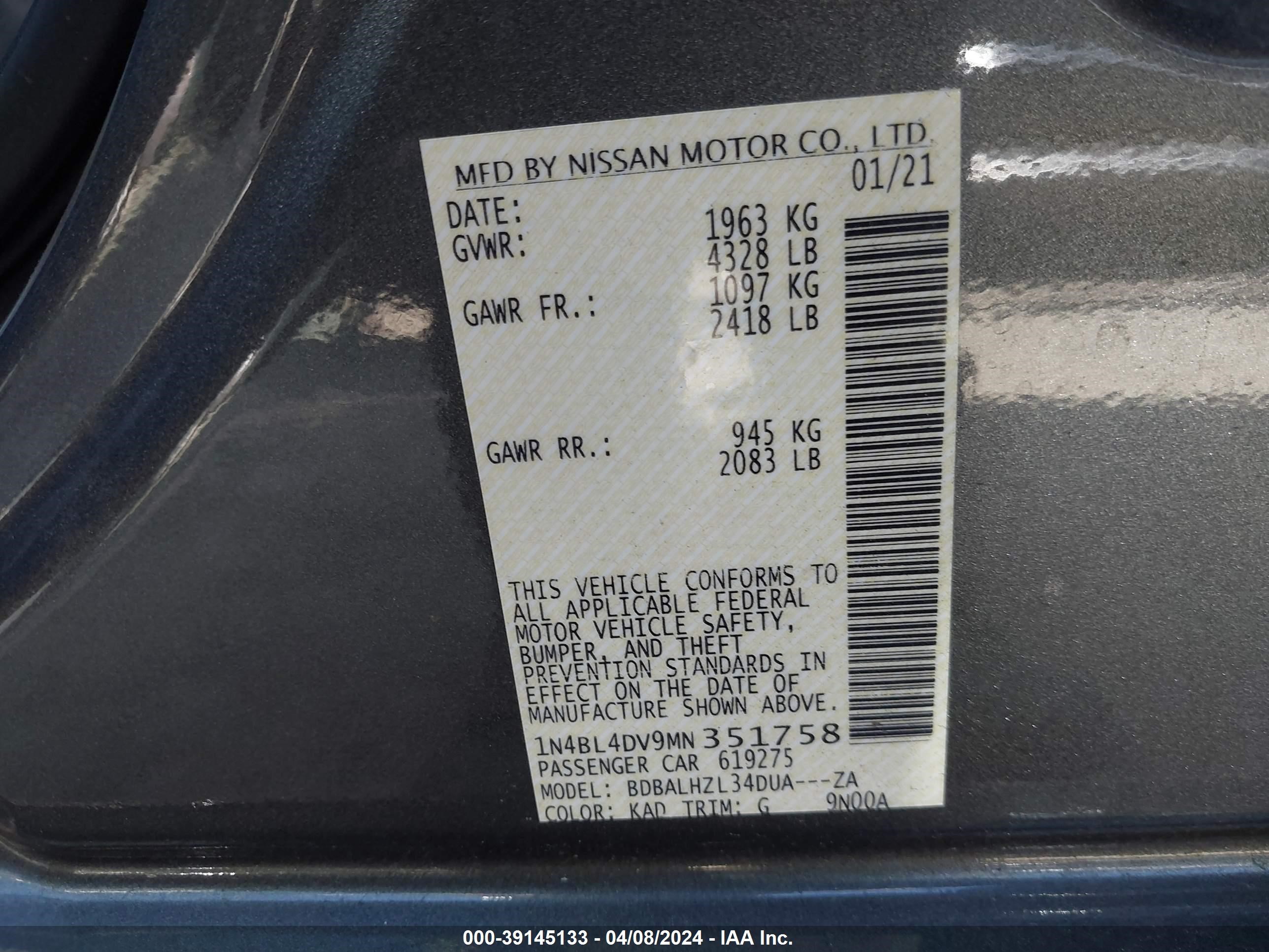 Photo 8 VIN: 1N4BL4DV9MN351758 - NISSAN ALTIMA 