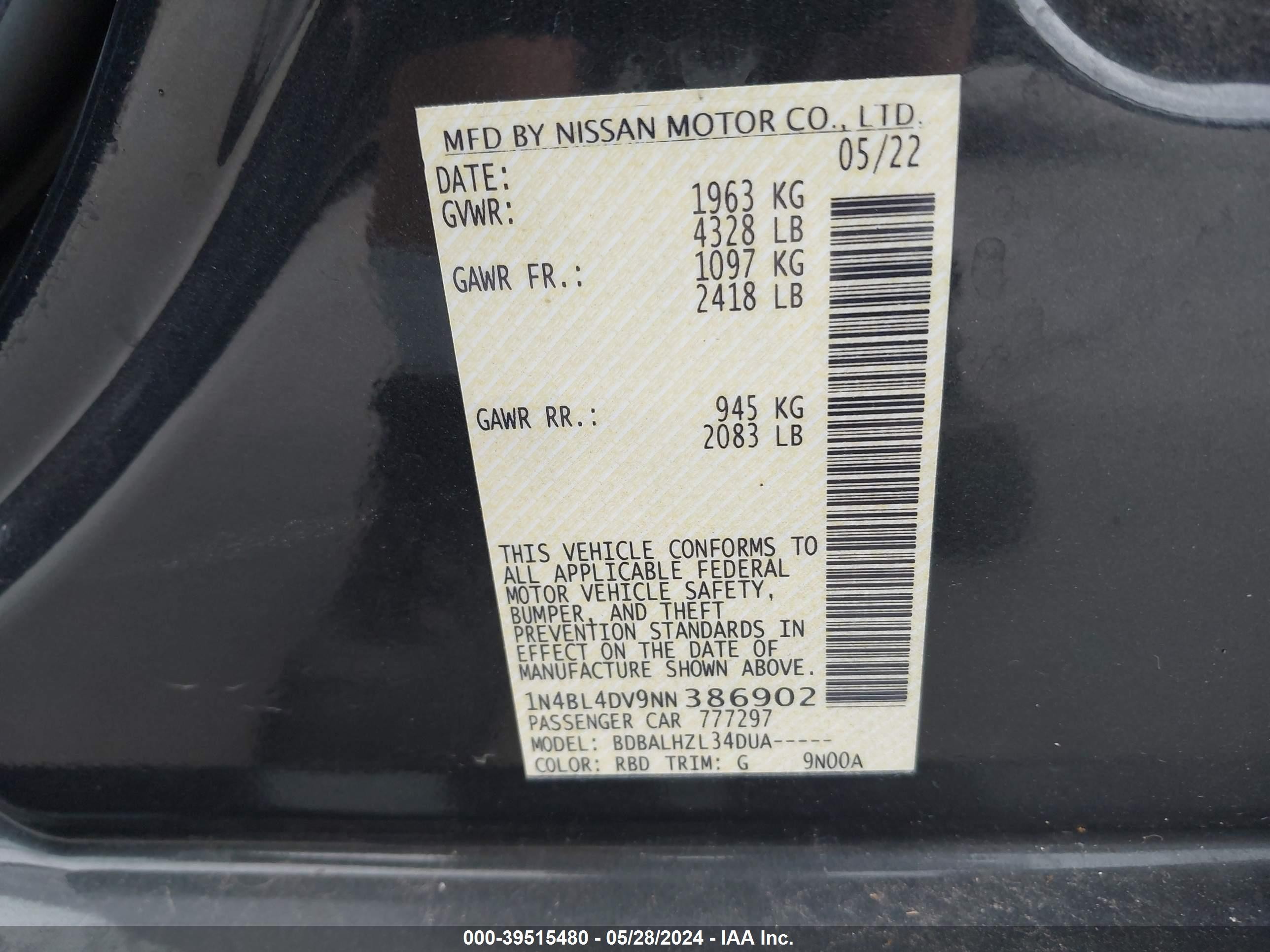 Photo 8 VIN: 1N4BL4DV9NN386902 - NISSAN ALTIMA 