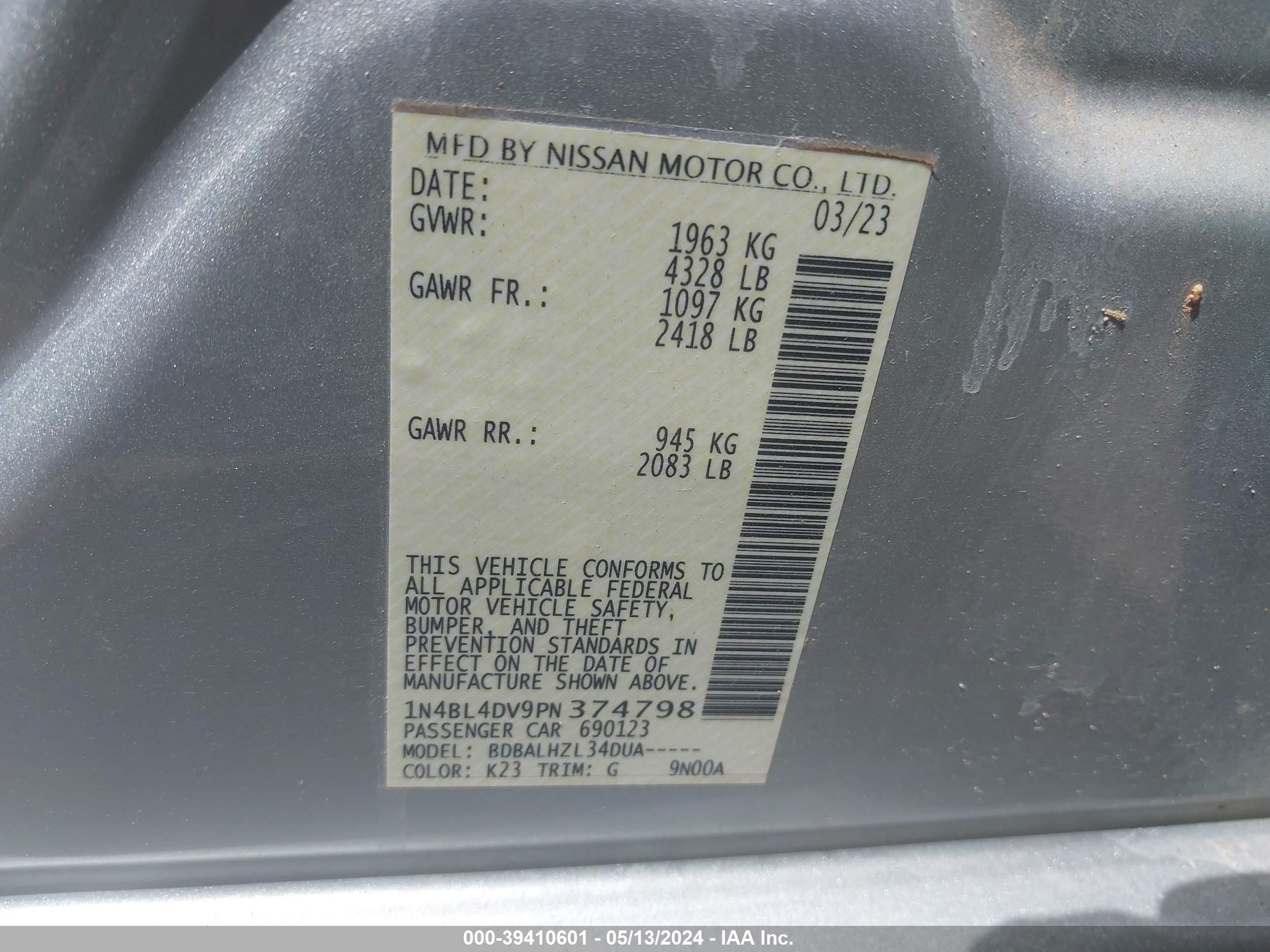 Photo 8 VIN: 1N4BL4DV9PN374798 - NISSAN ALTIMA 