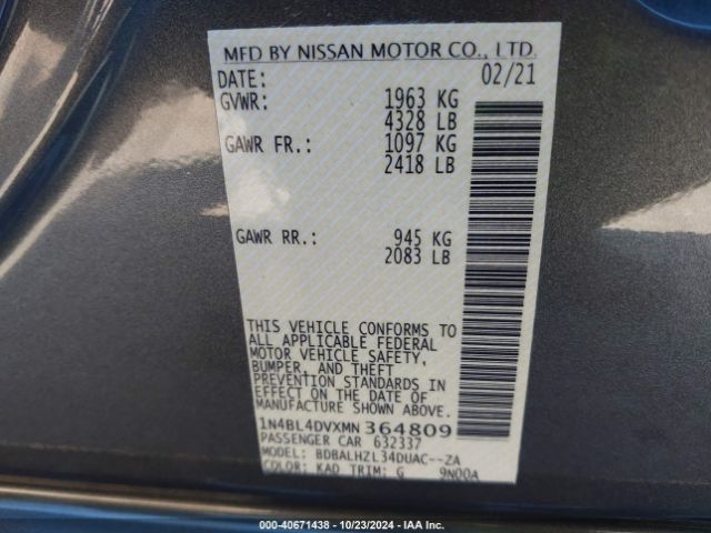 Photo 8 VIN: 1N4BL4DVXMN364809 - NISSAN ALTIMA 