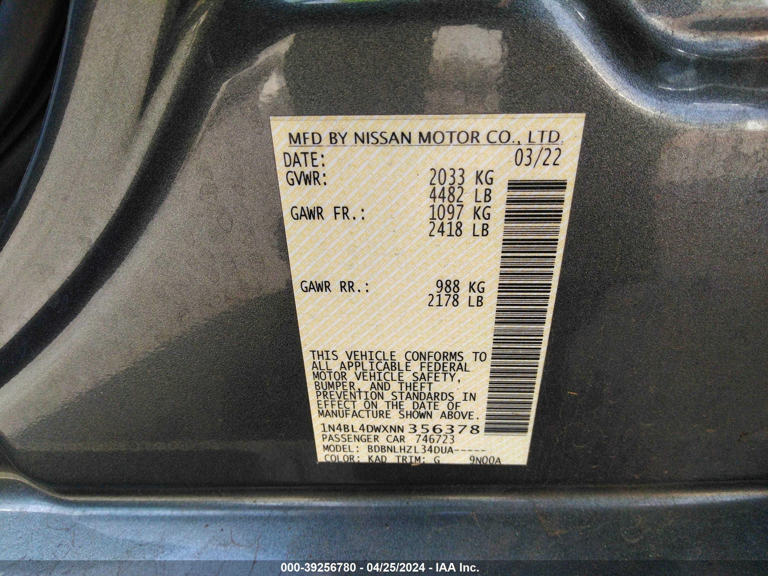 Photo 8 VIN: 1N4BL4DWXNN356378 - NISSAN ALTIMA 