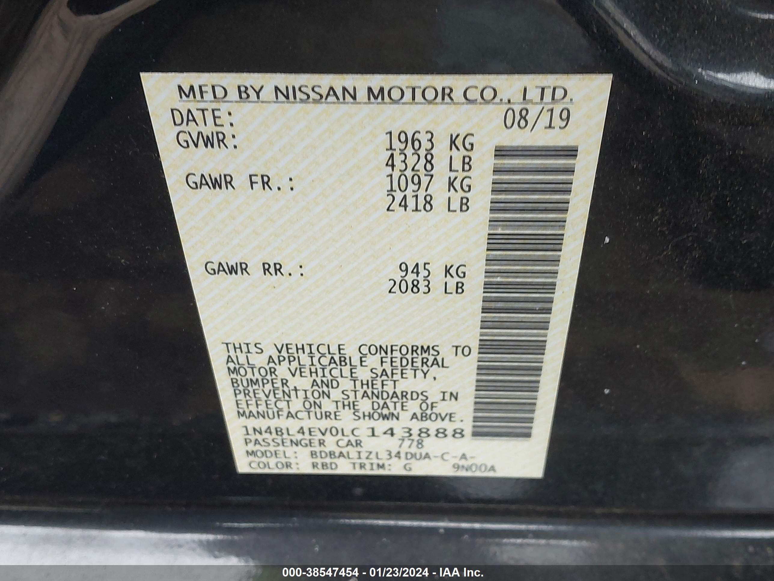 Photo 8 VIN: 1N4BL4EV0LC143888 - NISSAN ALTIMA 