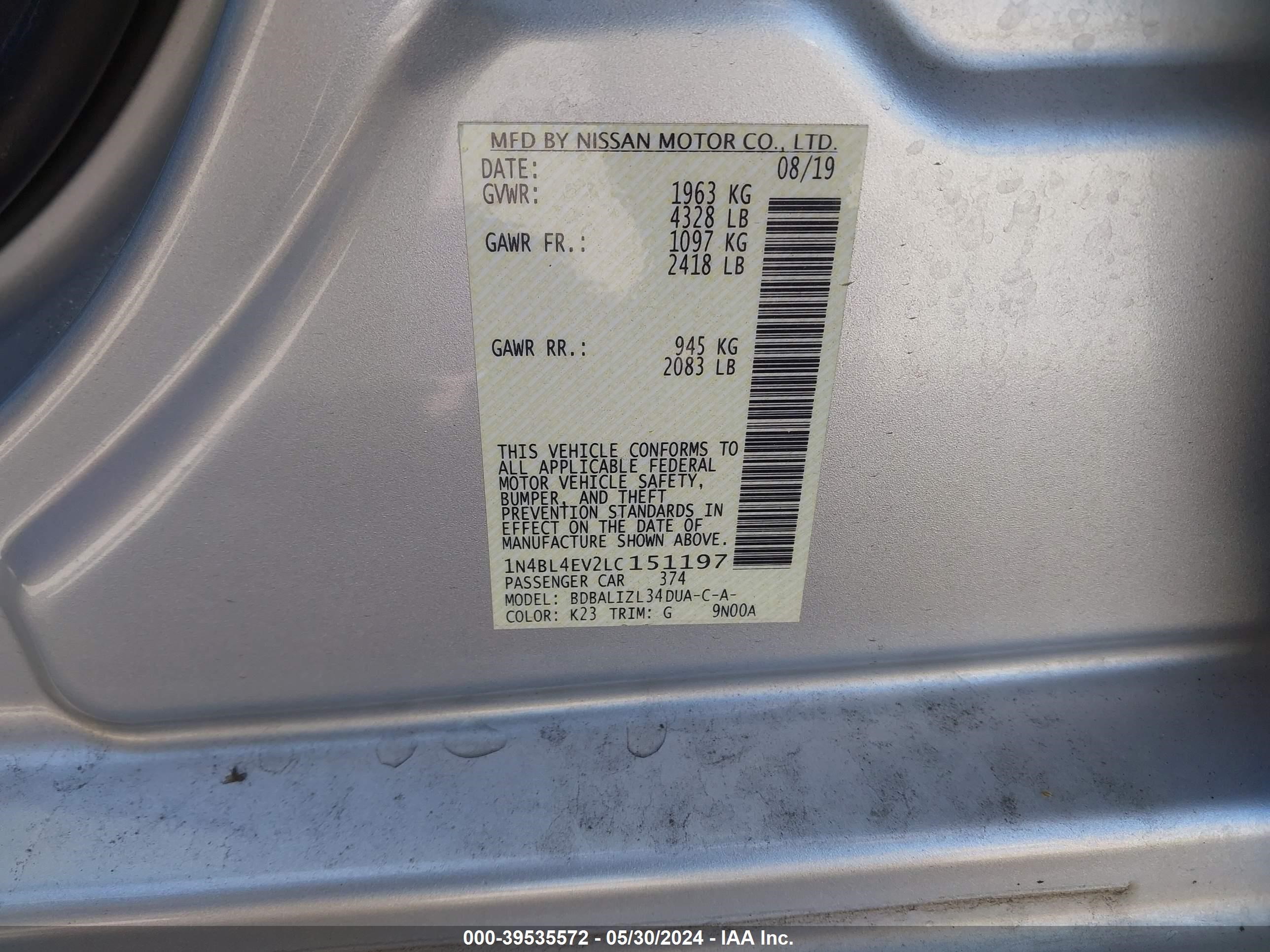 Photo 8 VIN: 1N4BL4EV2LC151197 - NISSAN ALTIMA 