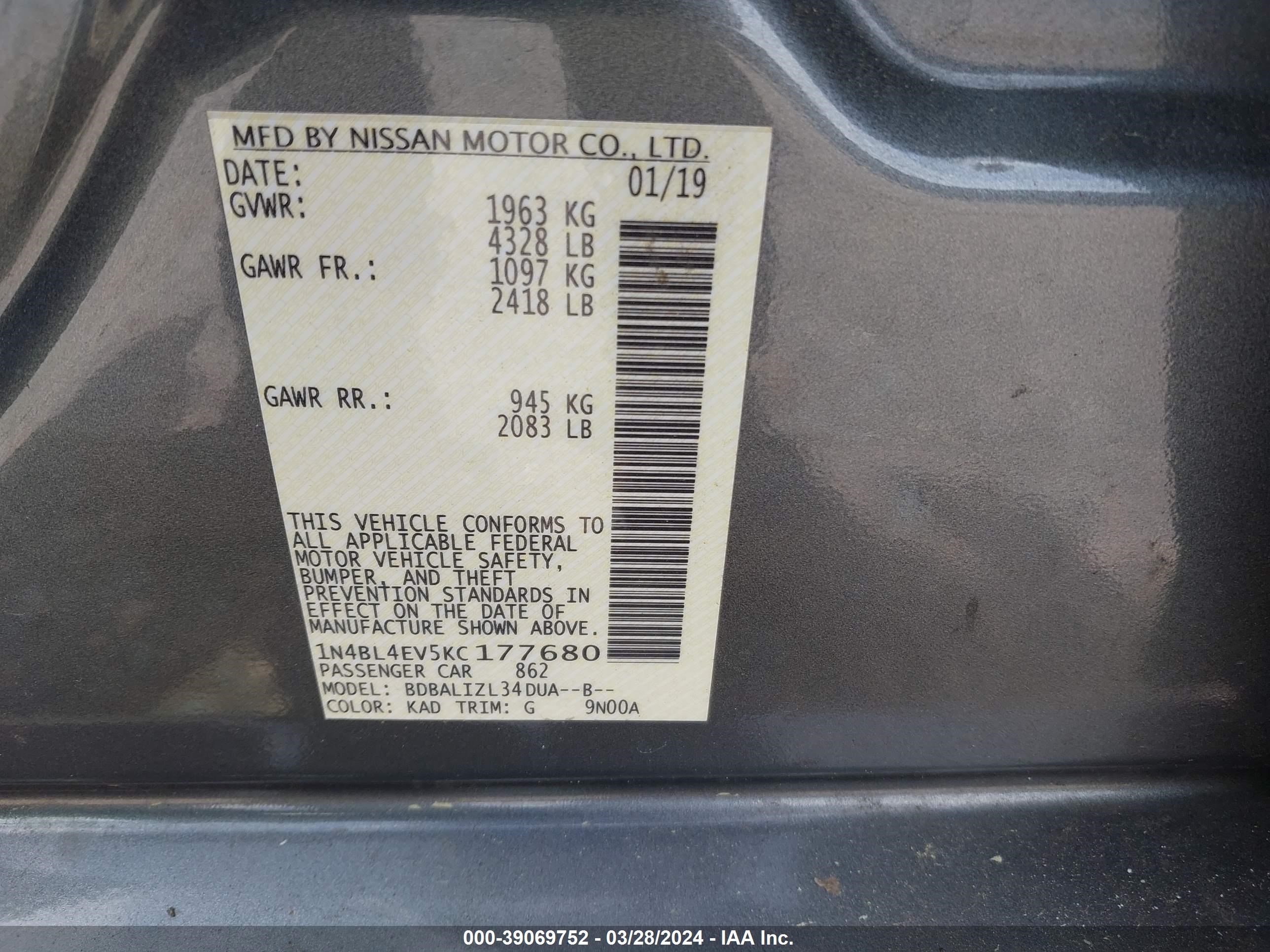 Photo 8 VIN: 1N4BL4EV5KC177680 - NISSAN ALTIMA 